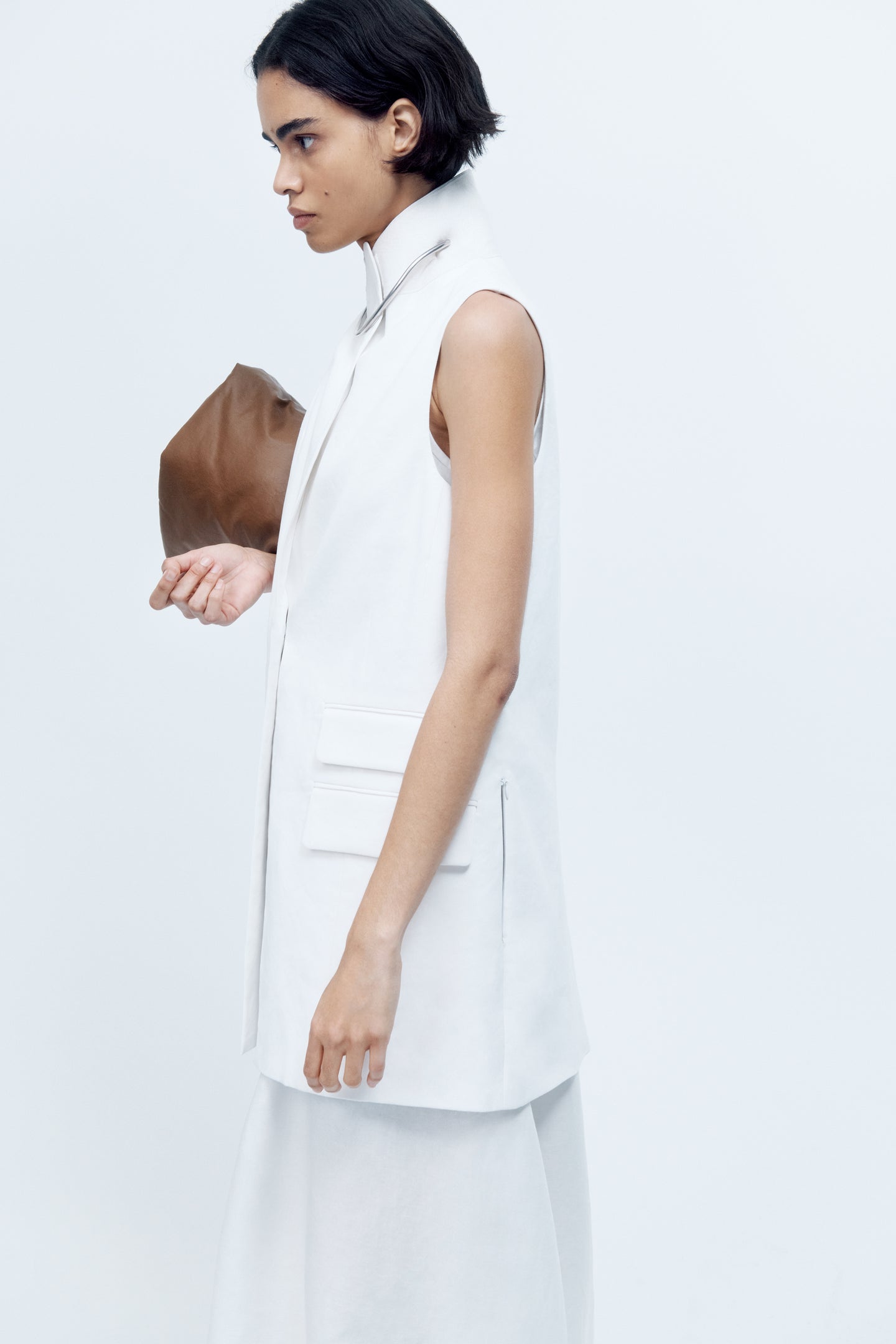 Another Tomorrow Belted Tailored Vest in Off White – Viscose Women's Jacket