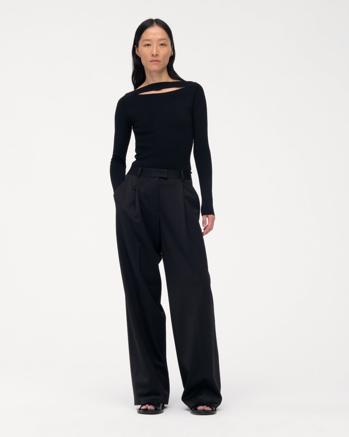 Another Tomorrow Compact Cutout Knit Top in Black – Viscose Women's Knitwear