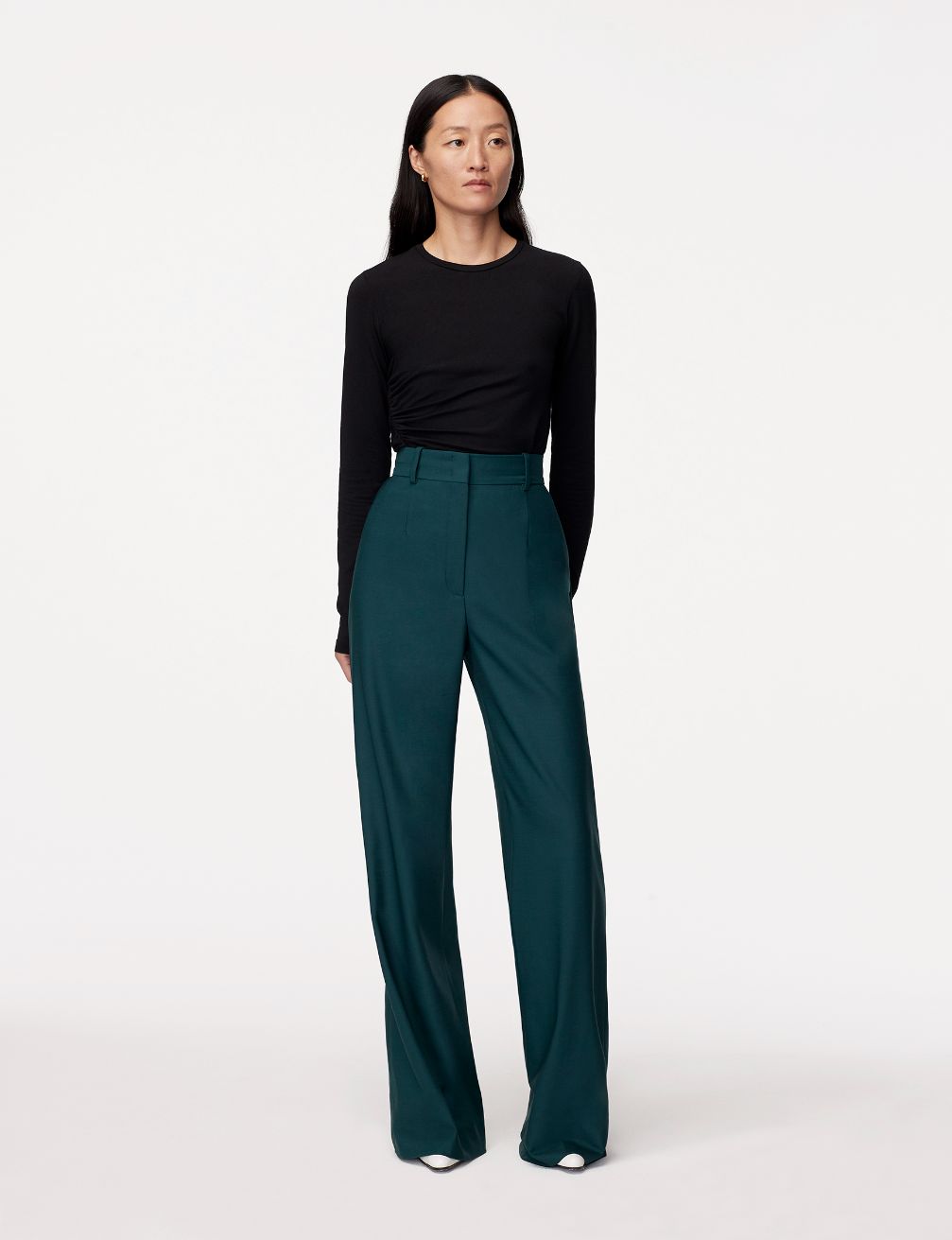 Another Tomorrow Wide Leg Suit Pant in Juniper – Wool Women's Trousers