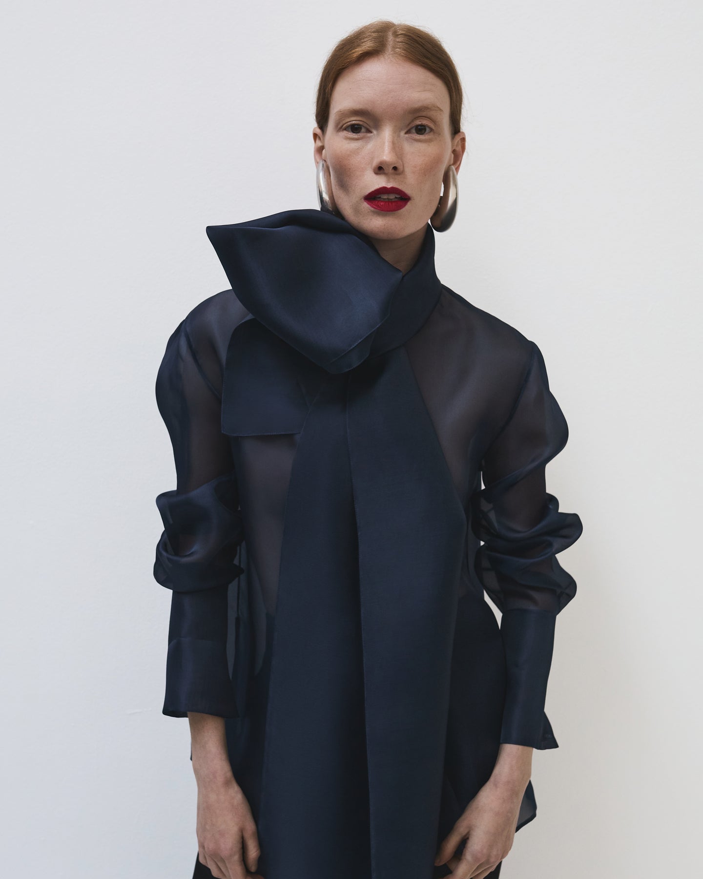 Another Tomorrow Organza Bow Blouse in Indigo – Silk Women's Top