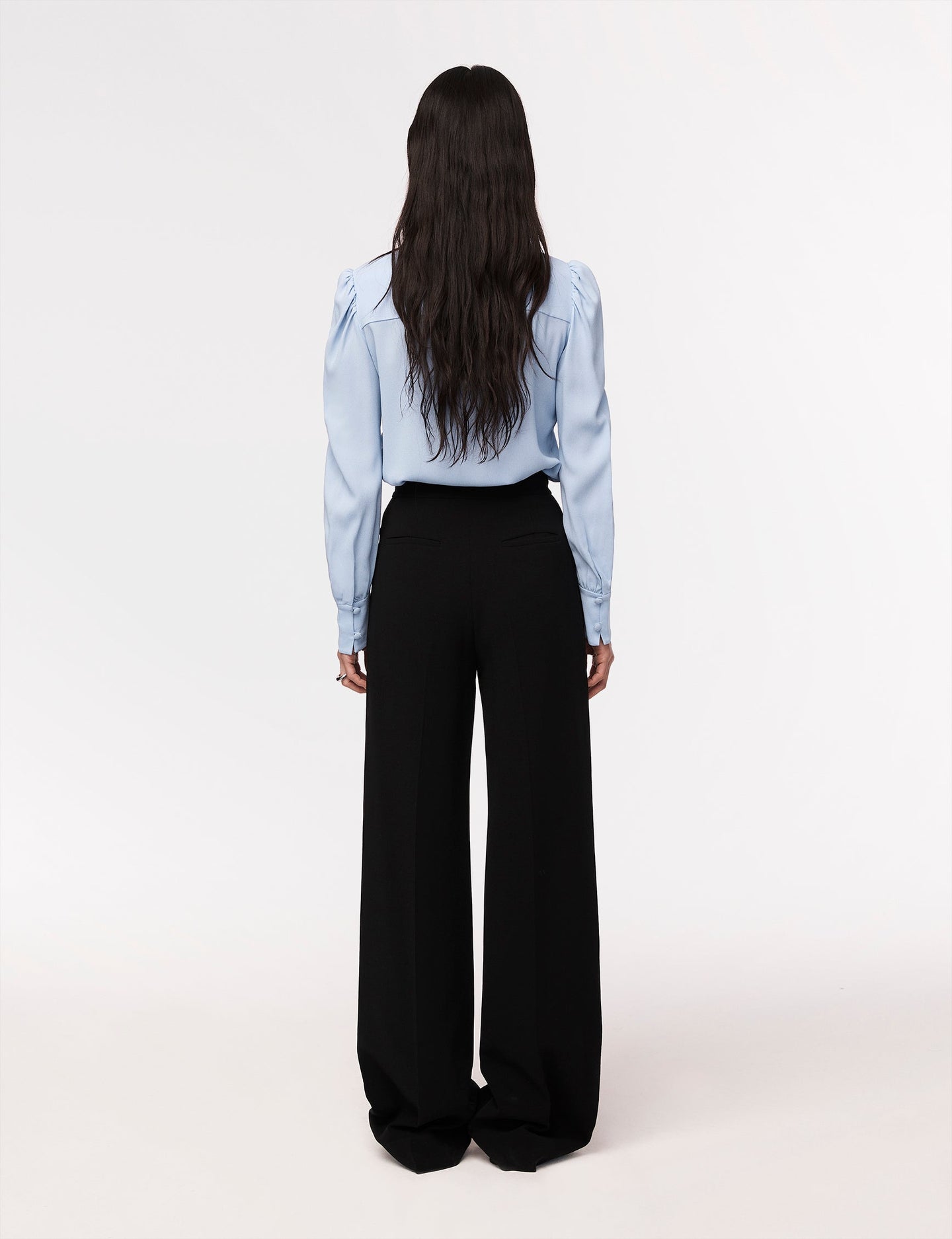 Another Tomorrow Gathered Sleeve Crewneck Blouse in Oxford Blue – Viscose Women's Knitwear