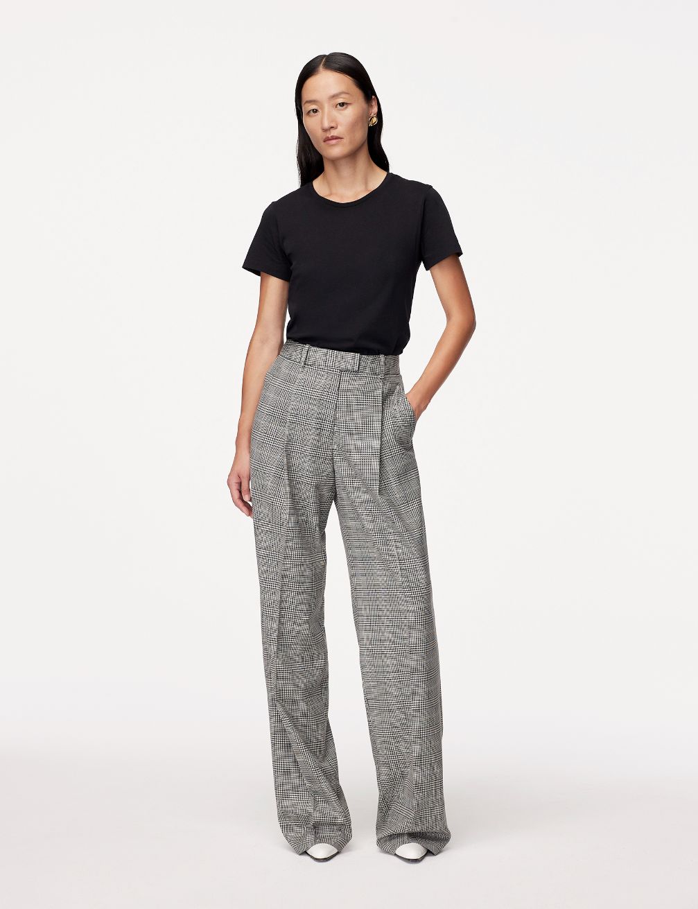 Another Tomorrow Relaxed Wide Leg Pant in Black/White – Wool Women's Trousers