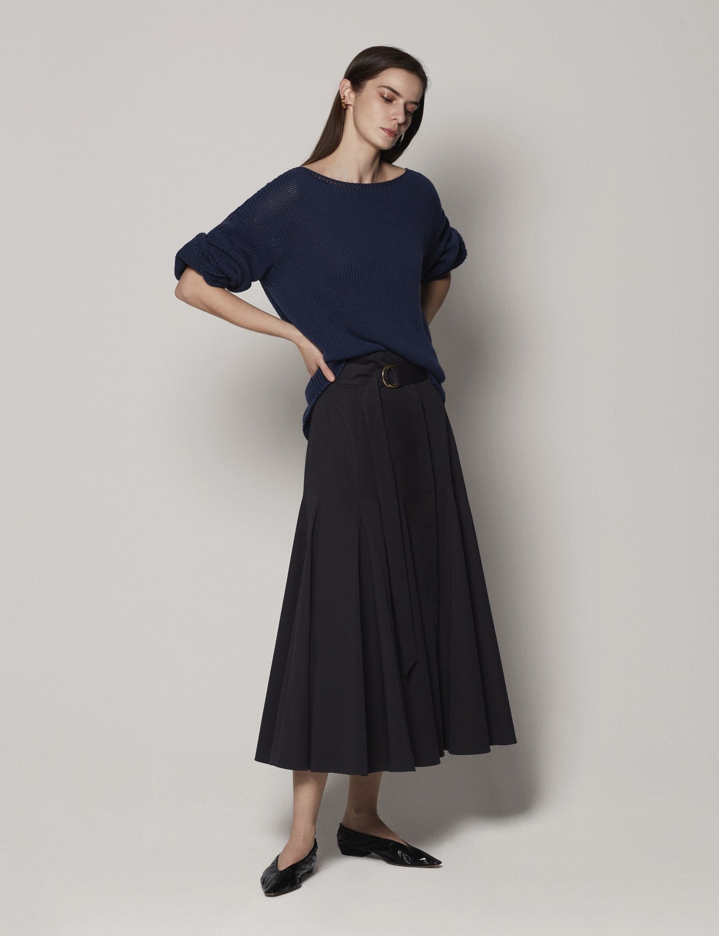 Another Tomorrow Draped Knit Sweater in Navy – Cotton Women's Knitwear