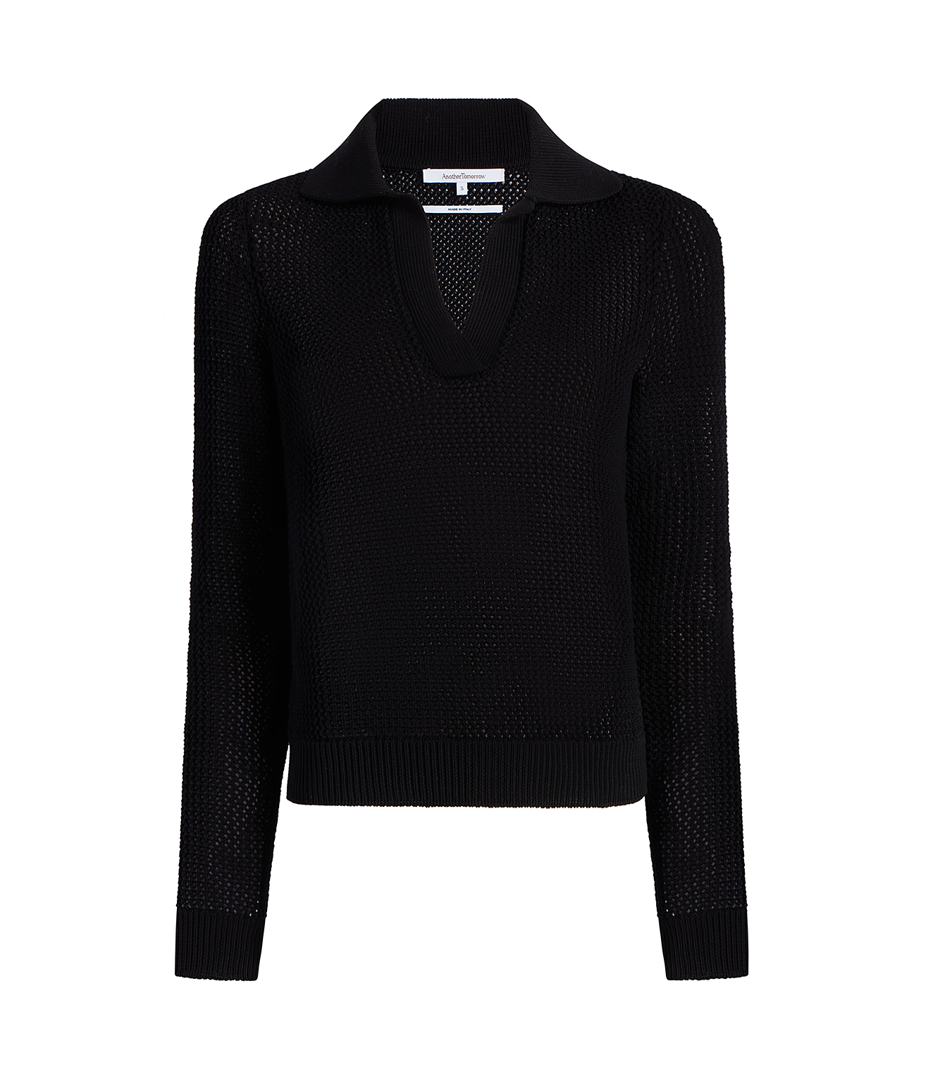 Another Tomorrow Crochet Polo Sweater in Black – Cotton Women's Knitwear