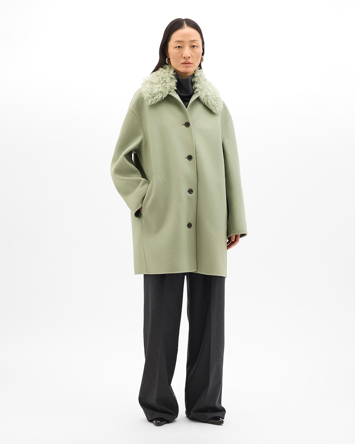 Fur Collar Balmacaan | Celadon