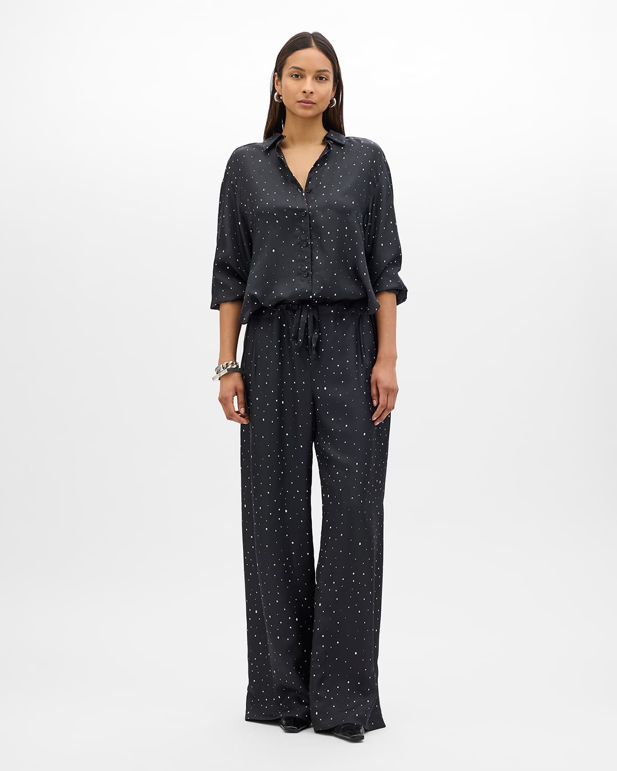 Silk Polka Dot Drawcord Pant | Black/Cream Dot