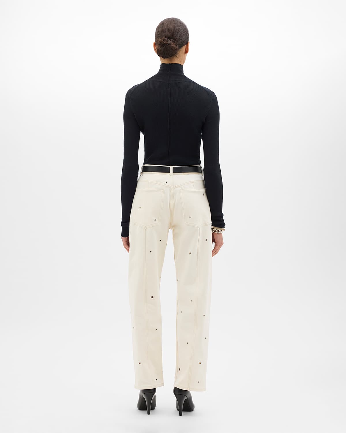 Eyelet Denim Curved Pant | Ecru