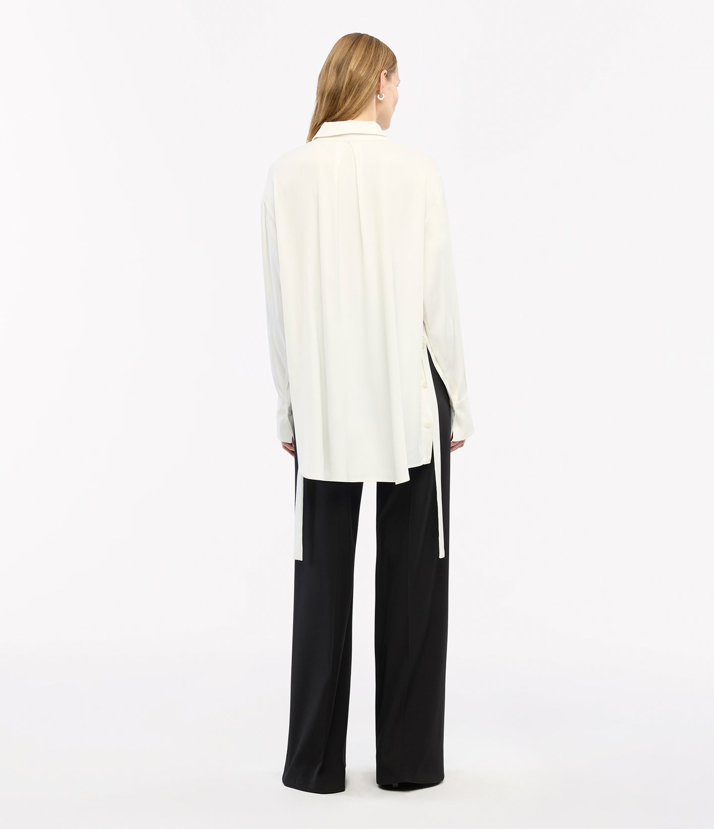 Another Tomorrow Bias Button Side Shirt in Off White – Satin Women's Top