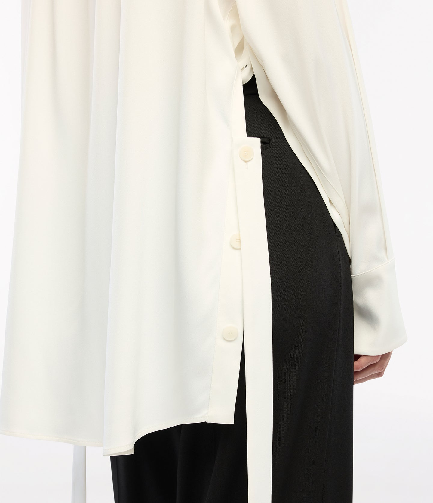 Another Tomorrow Bias Button Side Shirt in Off White – Satin Women's Top