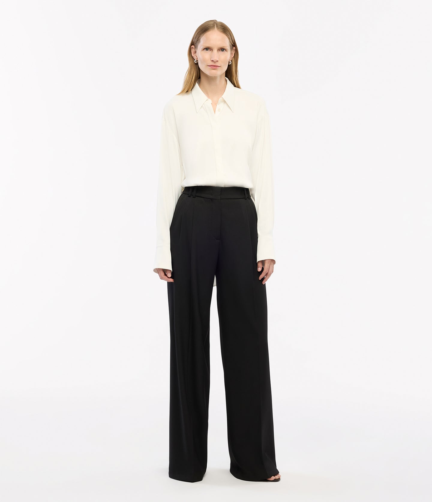 Another Tomorrow Bias Button Side Shirt in Off White – Satin Women's Top
