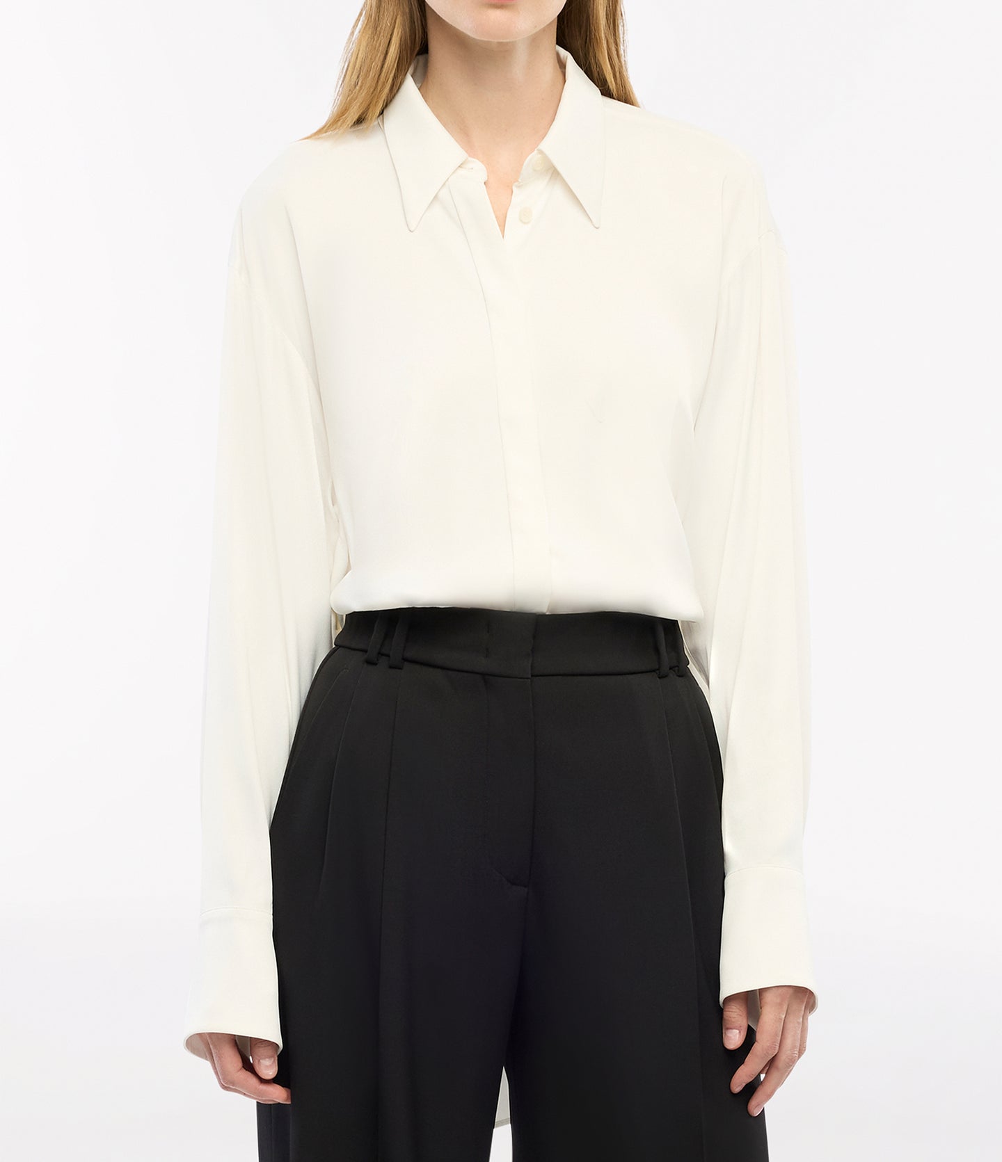 Another Tomorrow Bias Button Side Shirt in Off White – Satin Women's Top