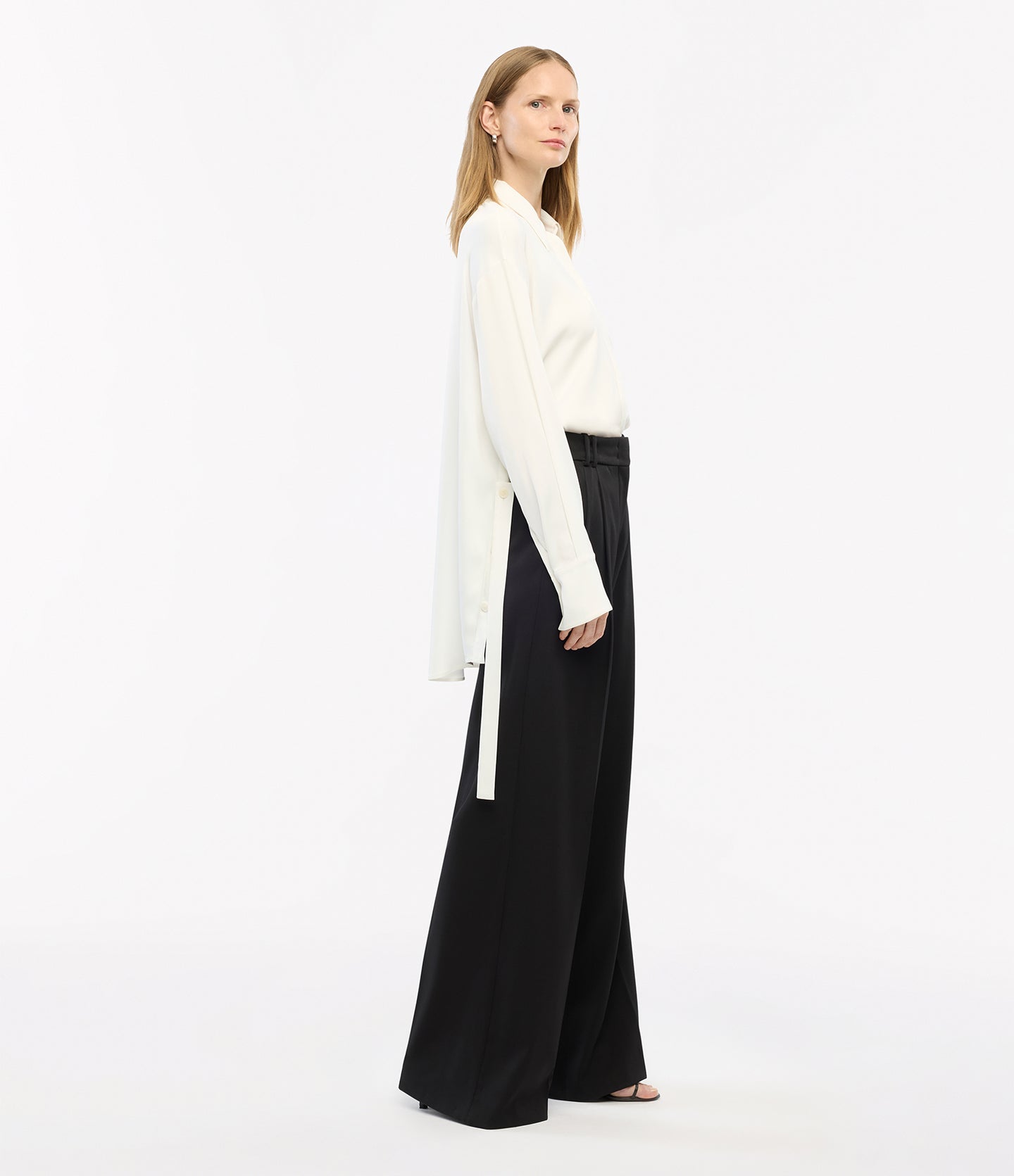 Another Tomorrow Bias Button Side Shirt in Off White – Satin Women's Top