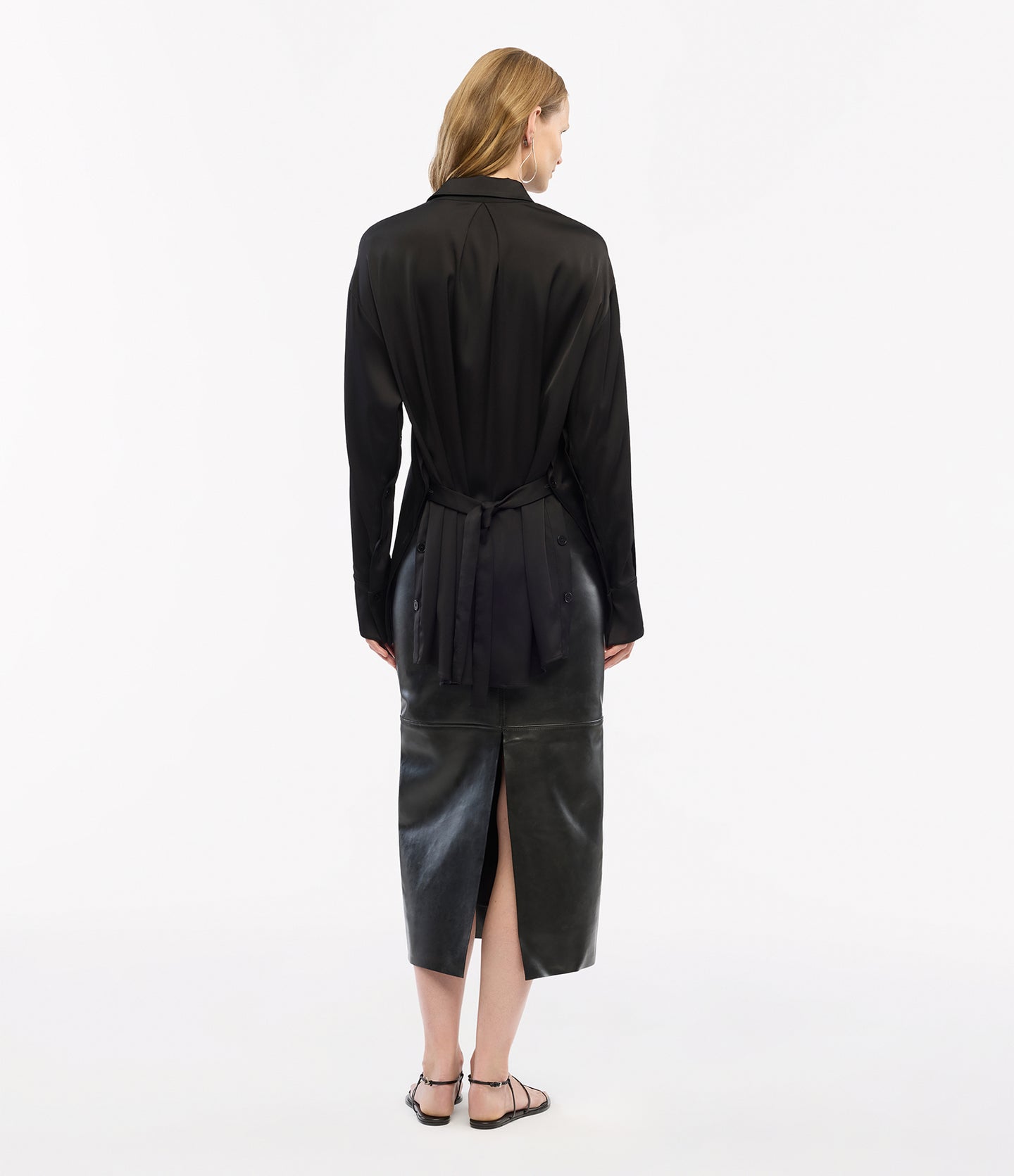 Another Tomorrow Bias Button Side Shirt in Black – Satin Women's Top
