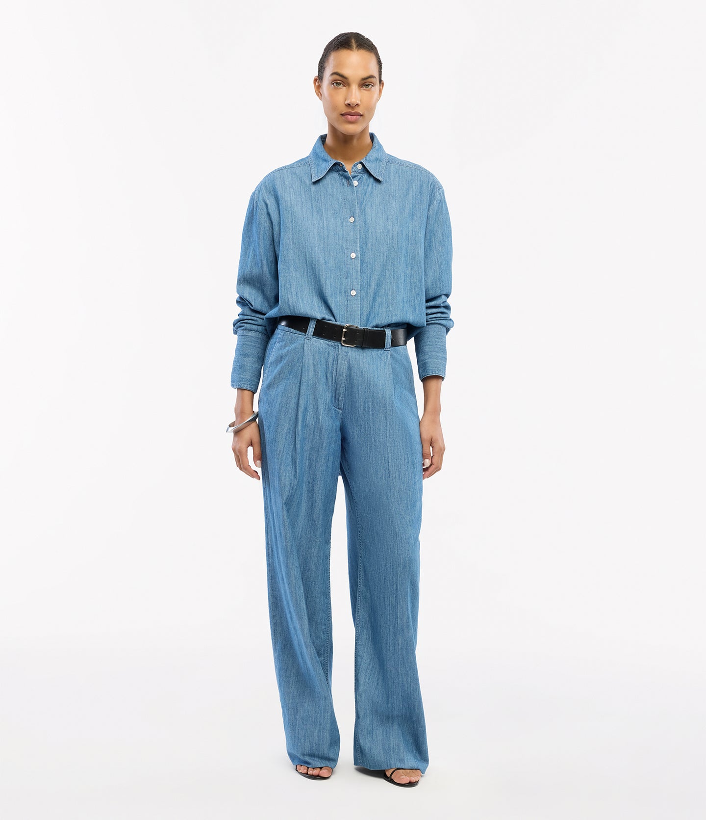 Another Tomorrow Chambray Shirt in Medium Blue – Denim Women's Top