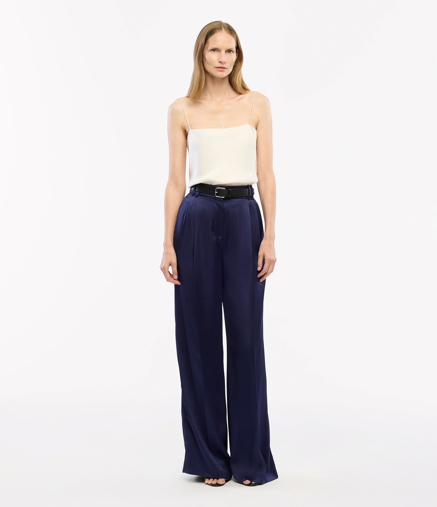 Another Tomorrow Satin Pleated Trouser in Indigo – Satin Women's Trousers