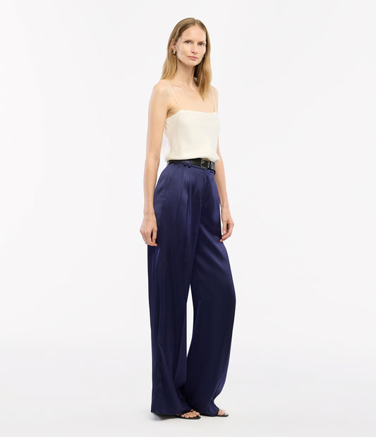 Another Tomorrow Satin Pleated Trouser in Indigo – Satin Women's Trousers