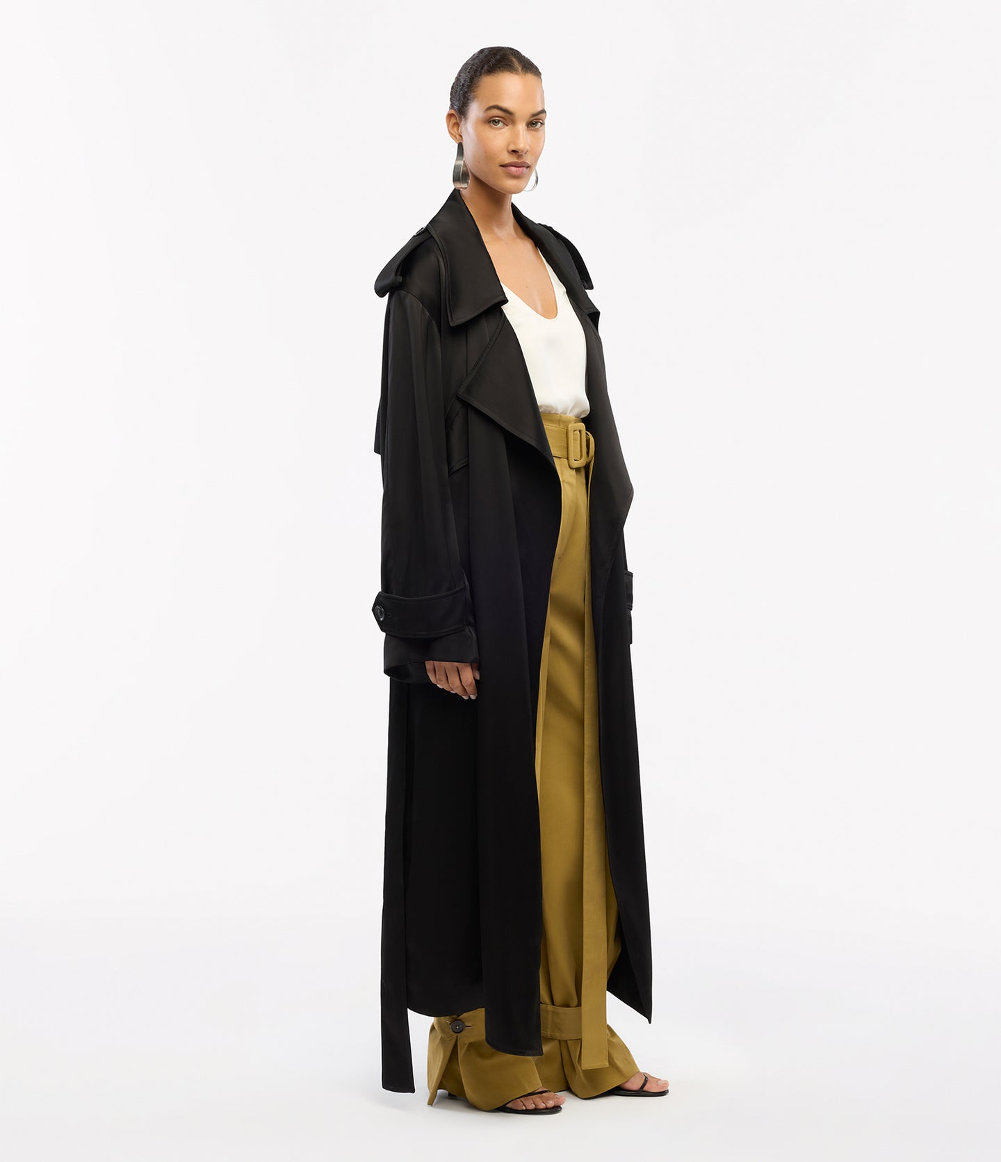 Another Tomorrow Satin Soft Trench in Black – Satin Women's Outerwear