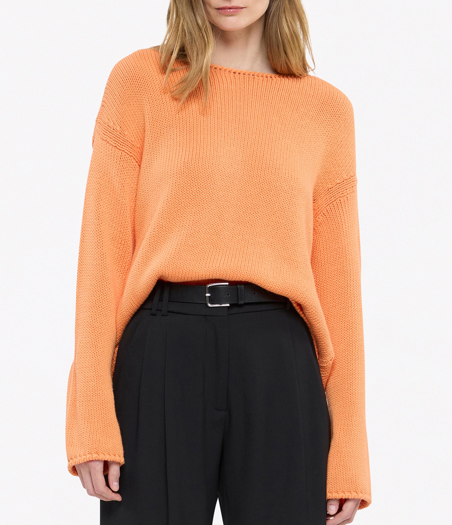 Another Tomorrow Draped Knit Sweater in Papaya – Cotton Women's Knitwear