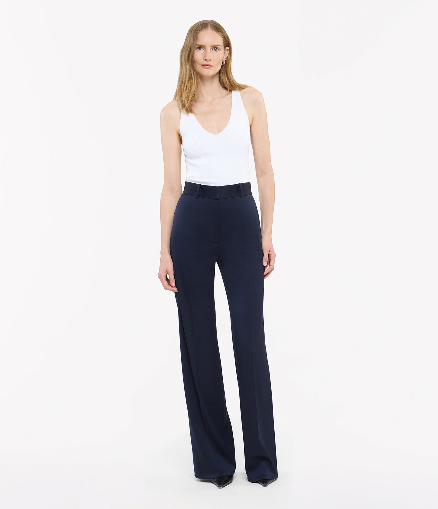Another Tomorrow Wide Leg Suit Pant in Navy – Wool Women's Trousers