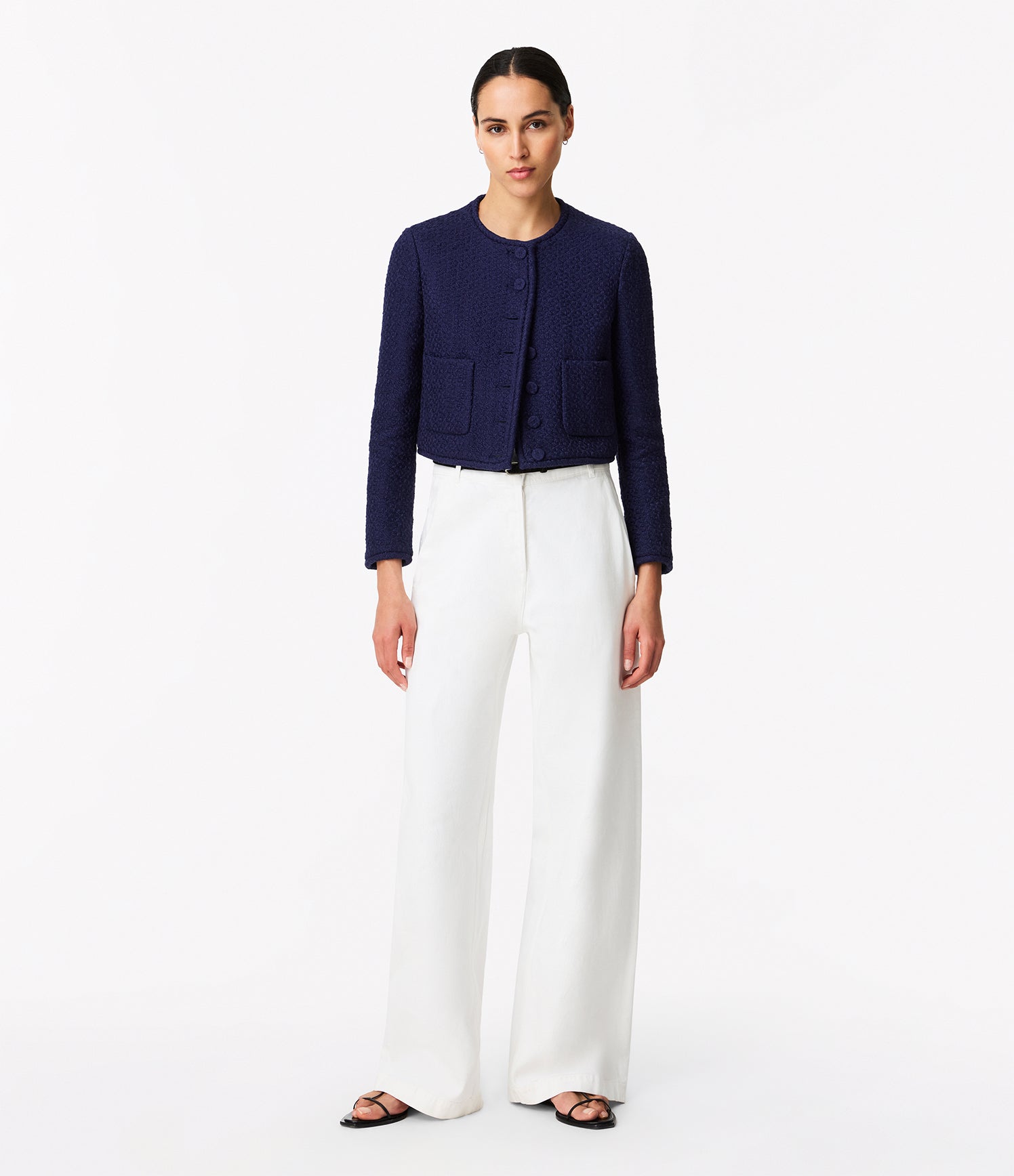 Another Tomorrow Cropped Tweed Jacket | Indigo Size 36 Another Tomorrow Cropped Tweed Jacket | Indigo Size 36