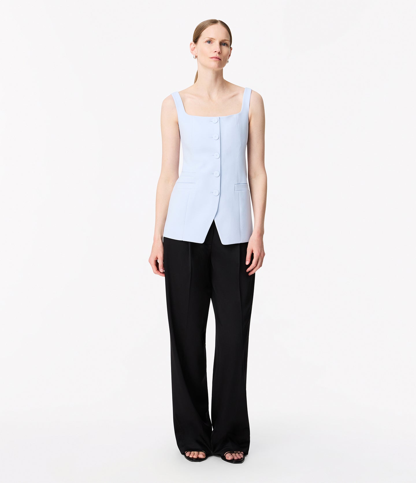 Another Tomorrow Square Neck Buttoned Top in French Blue – Viscose Women's Top