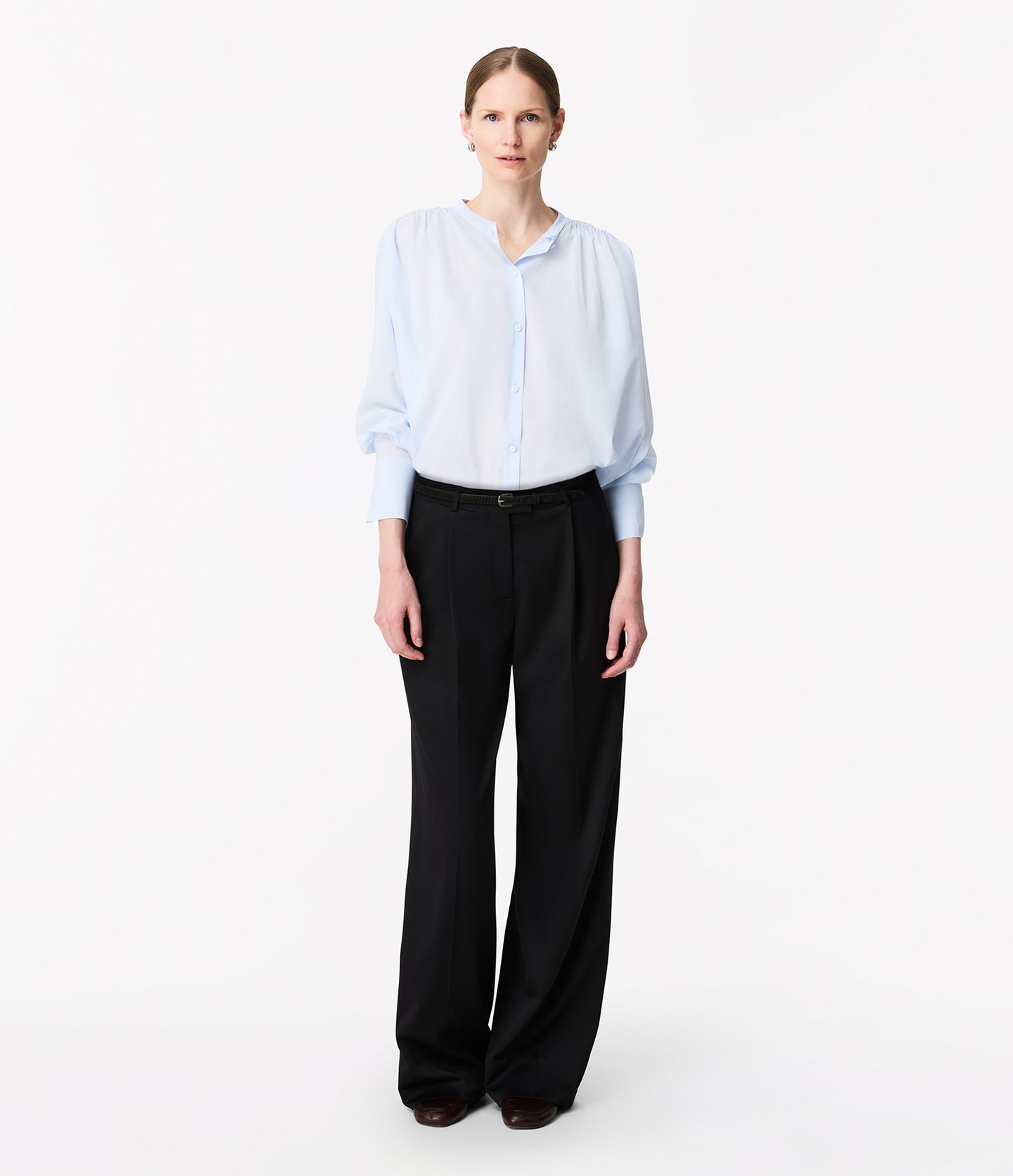 Another Tomorrow Gathered Voile Blouse in French Blue – Cotton Women's Top