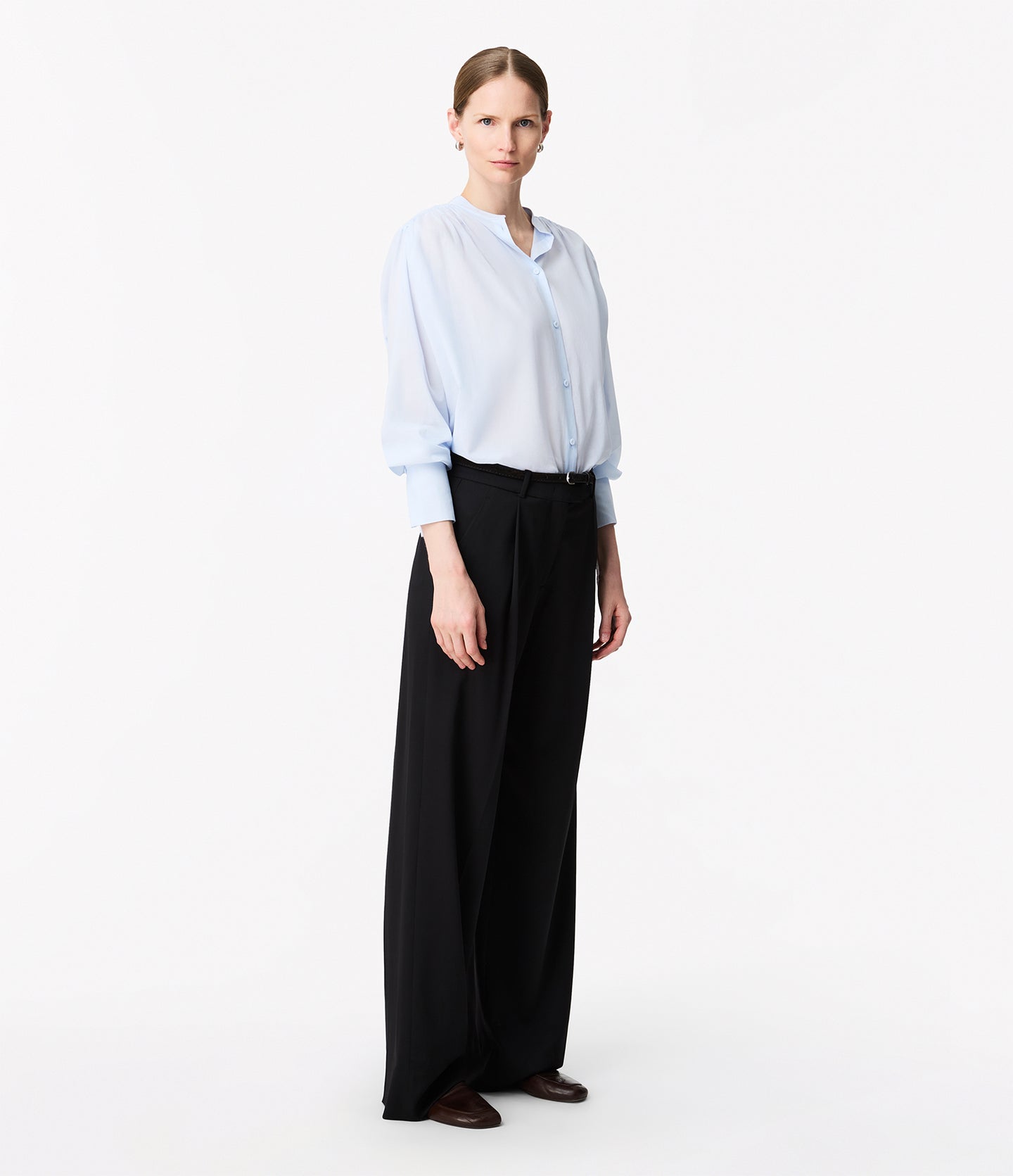 Another Tomorrow Gathered Voile Blouse in French Blue – Cotton Women's Top