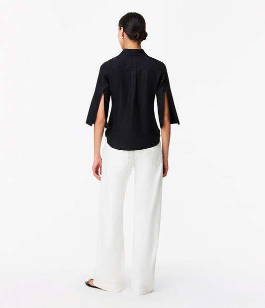 Another Tomorrow Linen French Cuff Blouse in Black – Linen Women's Top