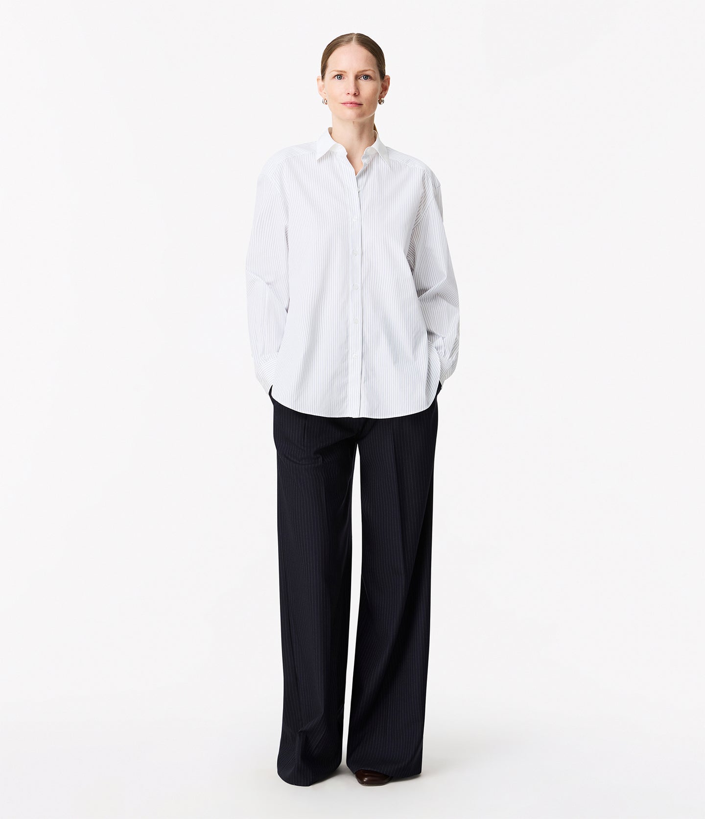 Another Tomorrow Pleat Back Poplin Shirt in Blue Stripe – Cotton Women's Top