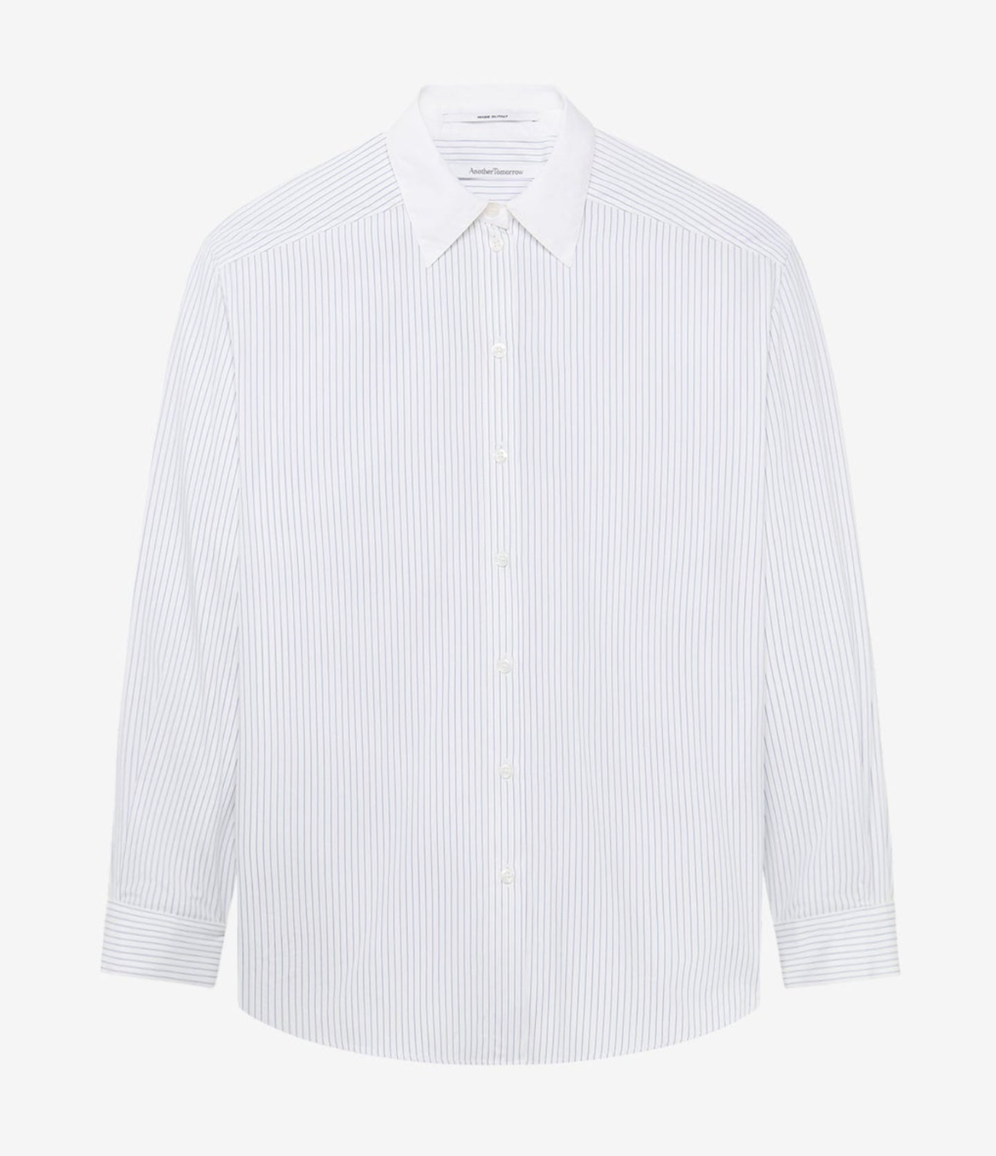 Another Tomorrow Pleat Back Poplin Shirt in Blue Stripe – Cotton Women's Top
