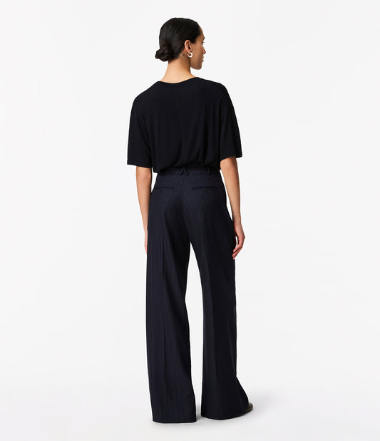 Another Tomorrow Pinstripe Pleated Trouser in Navy/Chalk – Wool Women's Trousers