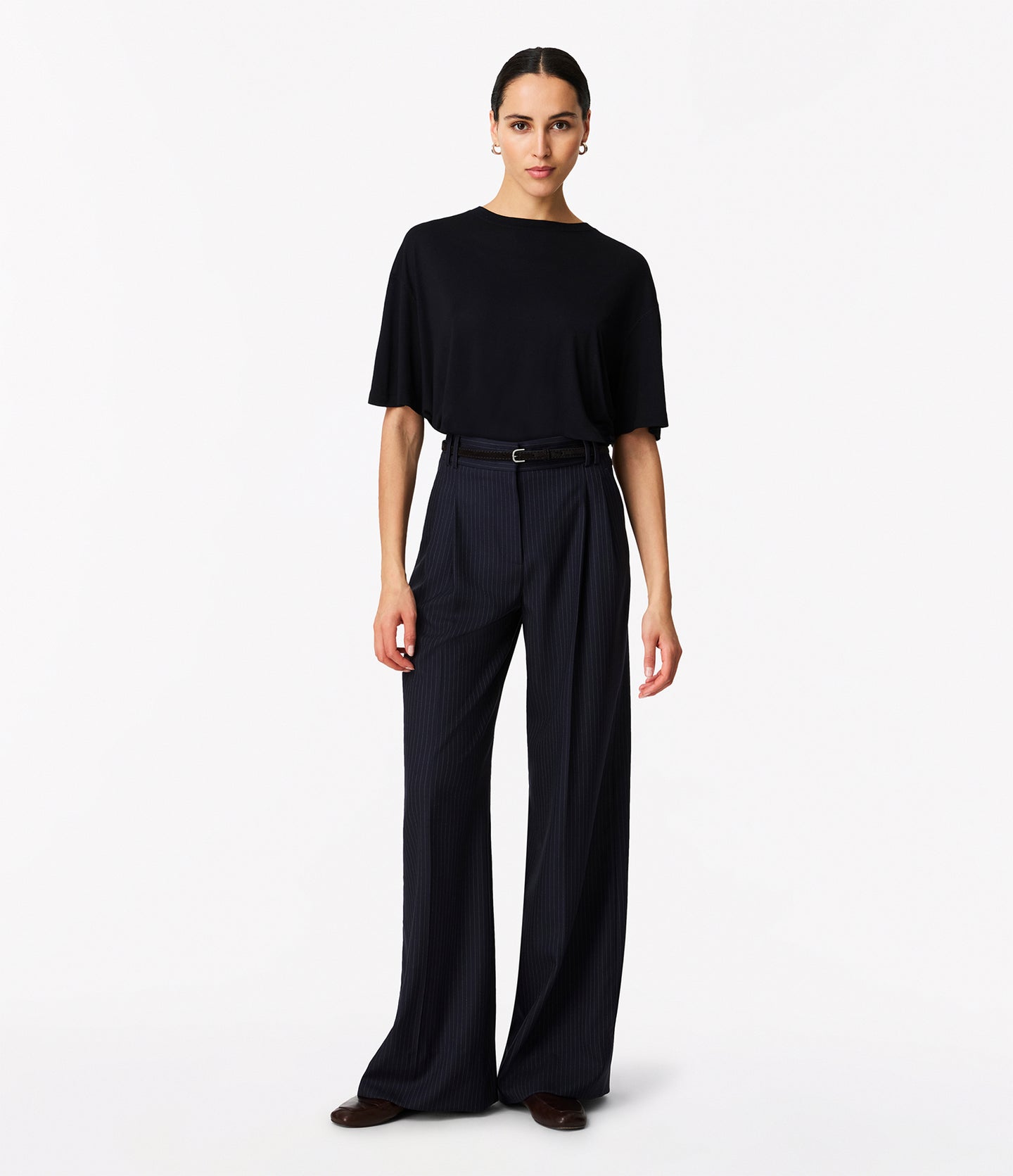 Another Tomorrow Pinstripe Pleated Trouser in Navy/Chalk – Wool Women's Trousers