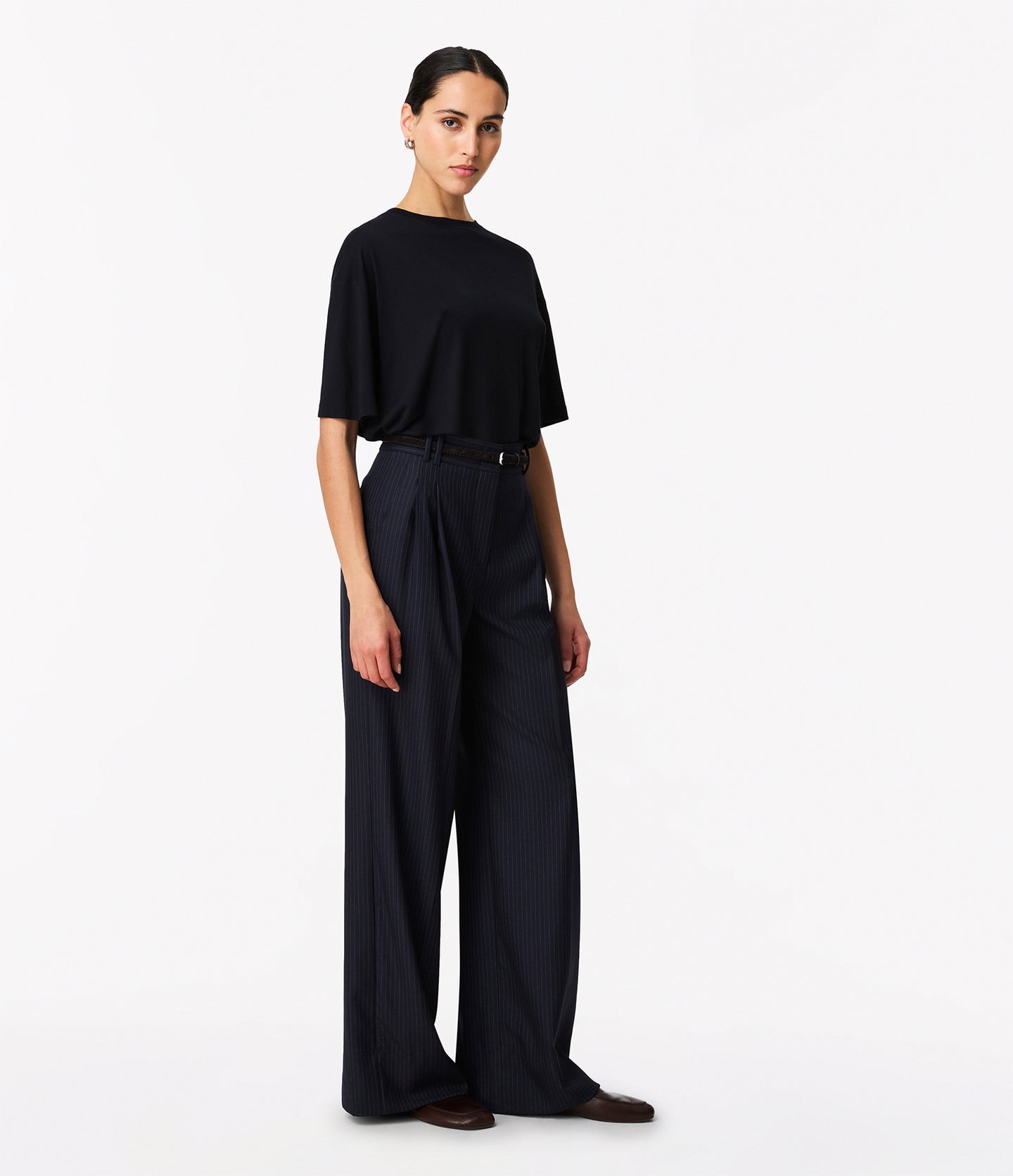 Another Tomorrow Pinstripe Pleated Trouser in Navy/Chalk – Wool Women's Trousers