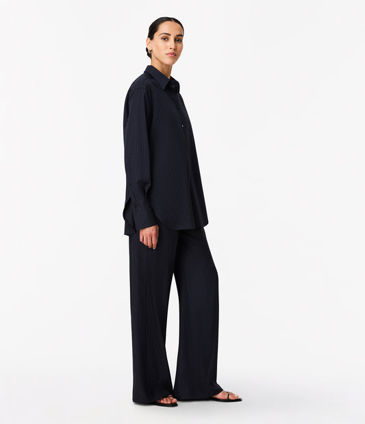 Another Tomorrow Pinstripe Relaxed Shirt in Navy/Chalk – Wool Women's Top
