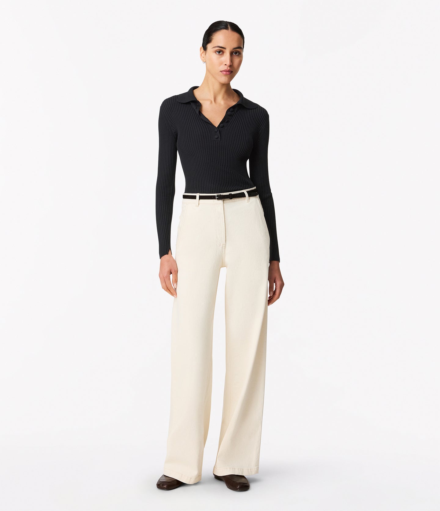 Another Tomorrow Ribbed Knit Polo in Black – Viscose Women's Knitwear