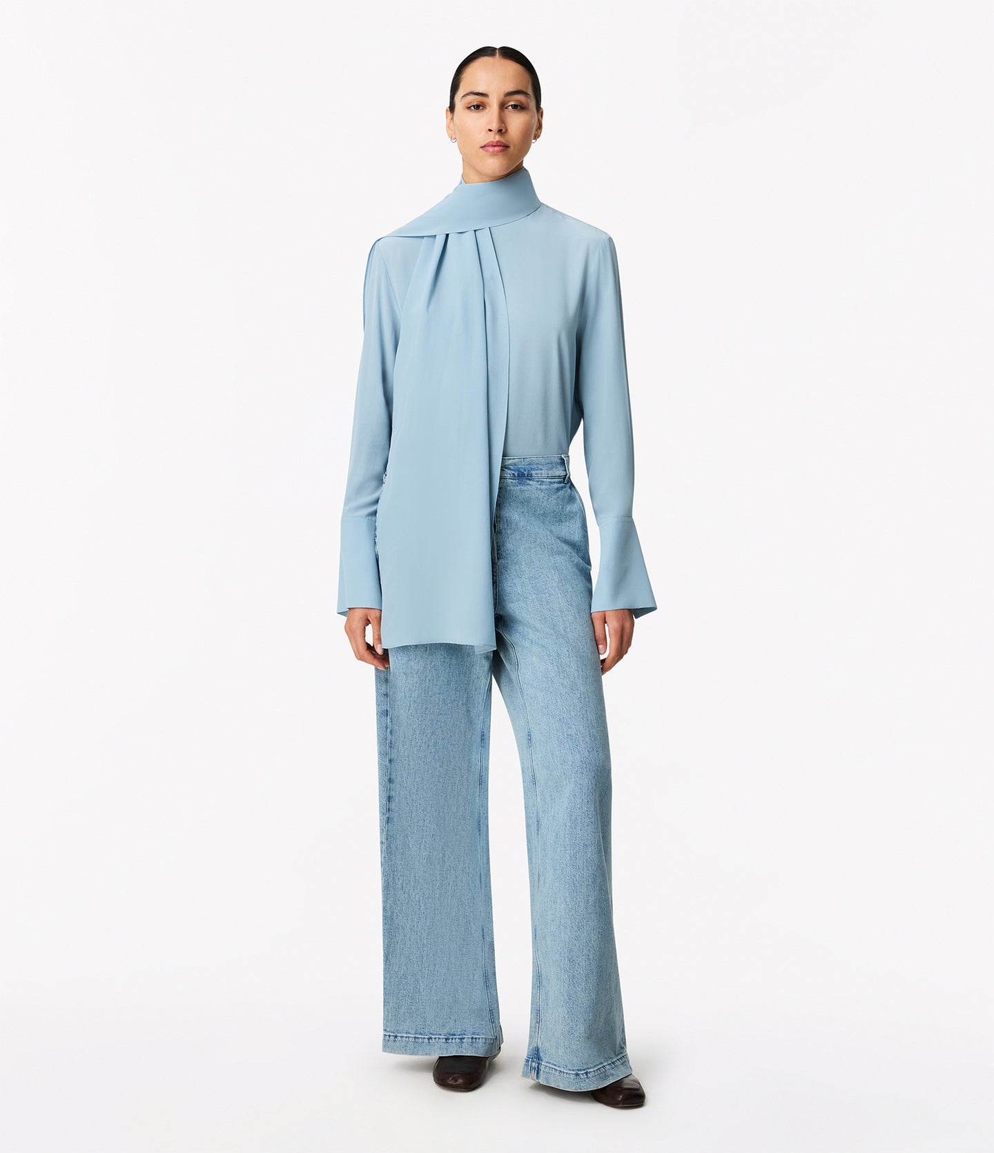 Another Tomorrow Signature Bow Blouse in Dark Mist – Silk Women's Top