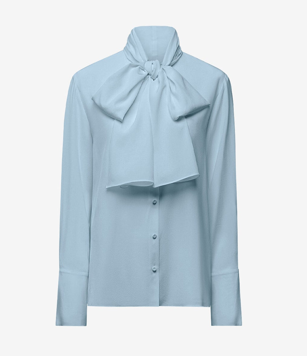 Another Tomorrow Signature Bow Blouse in Dark Mist – Silk Women's Top