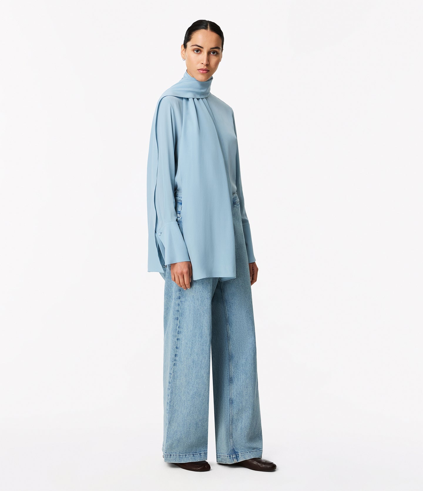 Another Tomorrow Signature Bow Blouse in Dark Mist – Silk Women's Top