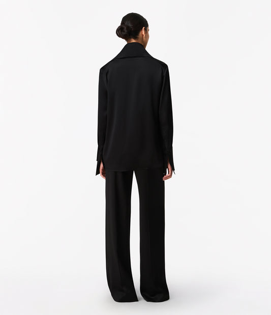 Another Tomorrow Band Collar Blouse With Scarf in Black – Satin Women's Top