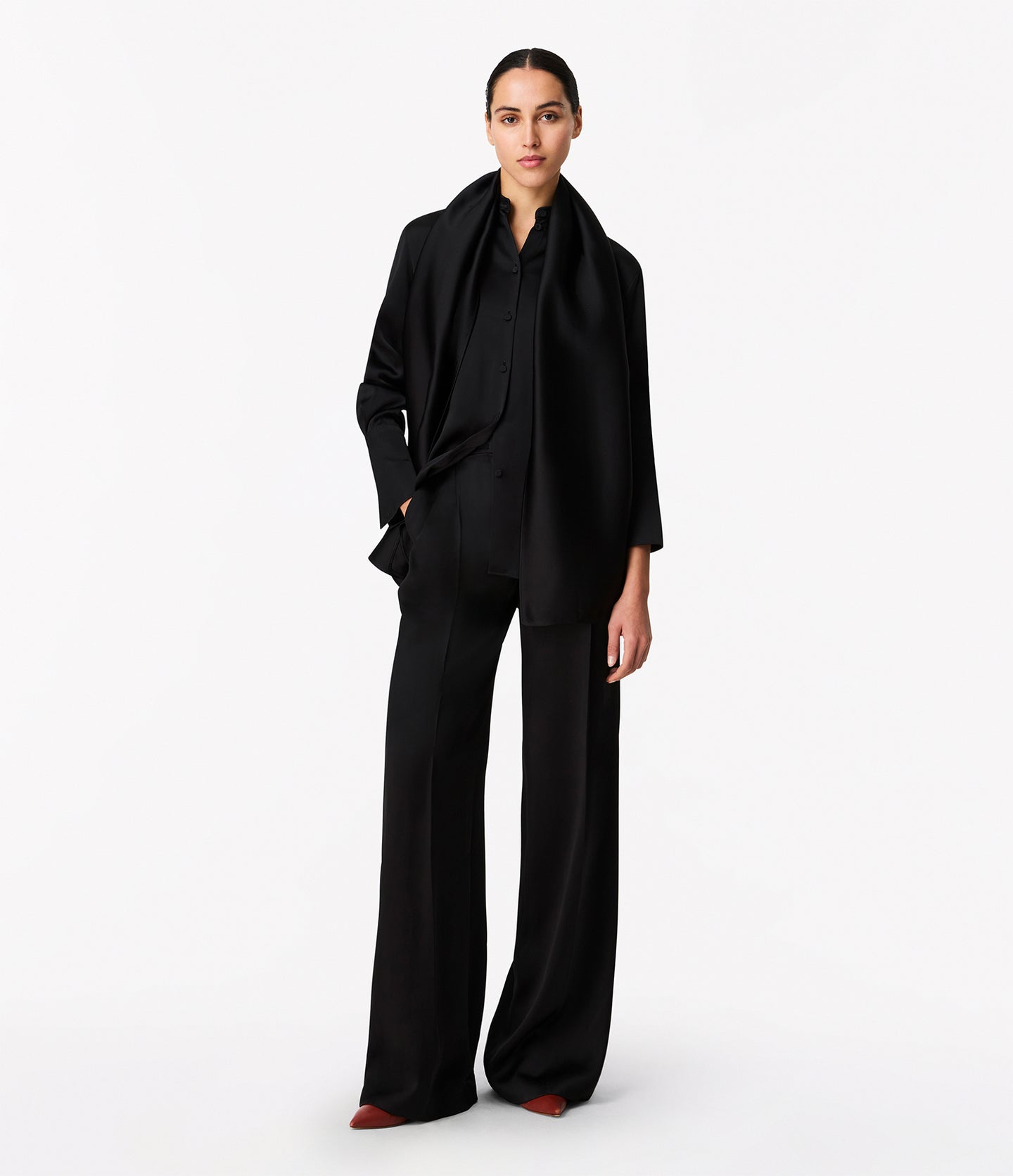 Band Collar Blouse With Scarf | Black in black