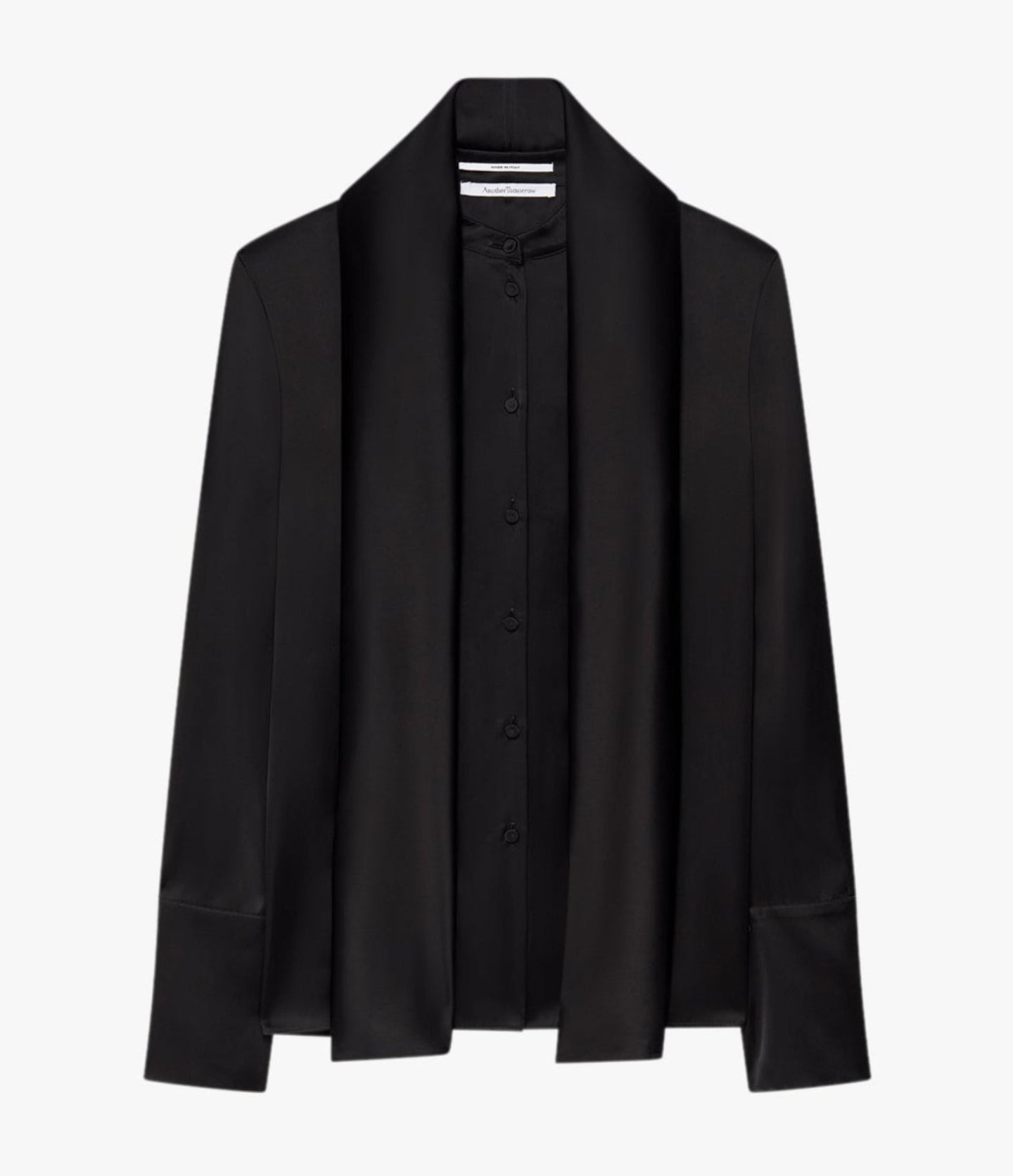 Another Tomorrow Band Collar Blouse With Scarf in Black – Satin Women's Top