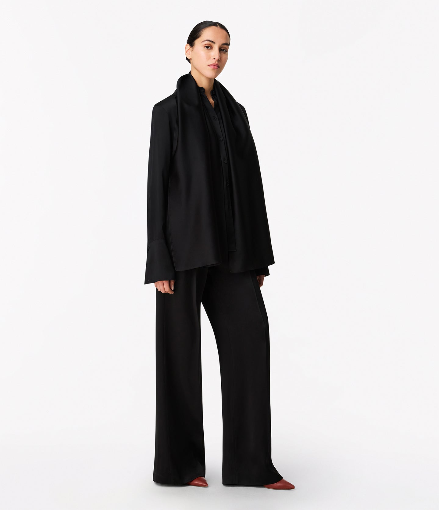 Band Collar Blouse With Scarf | Black in black