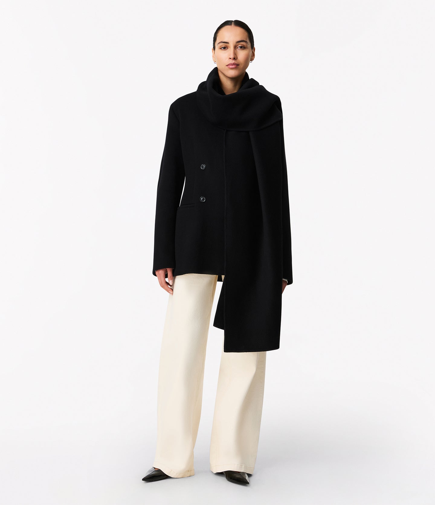 Another Tomorrow Short Scarf Coat in Black – Wool Women's Outerwear