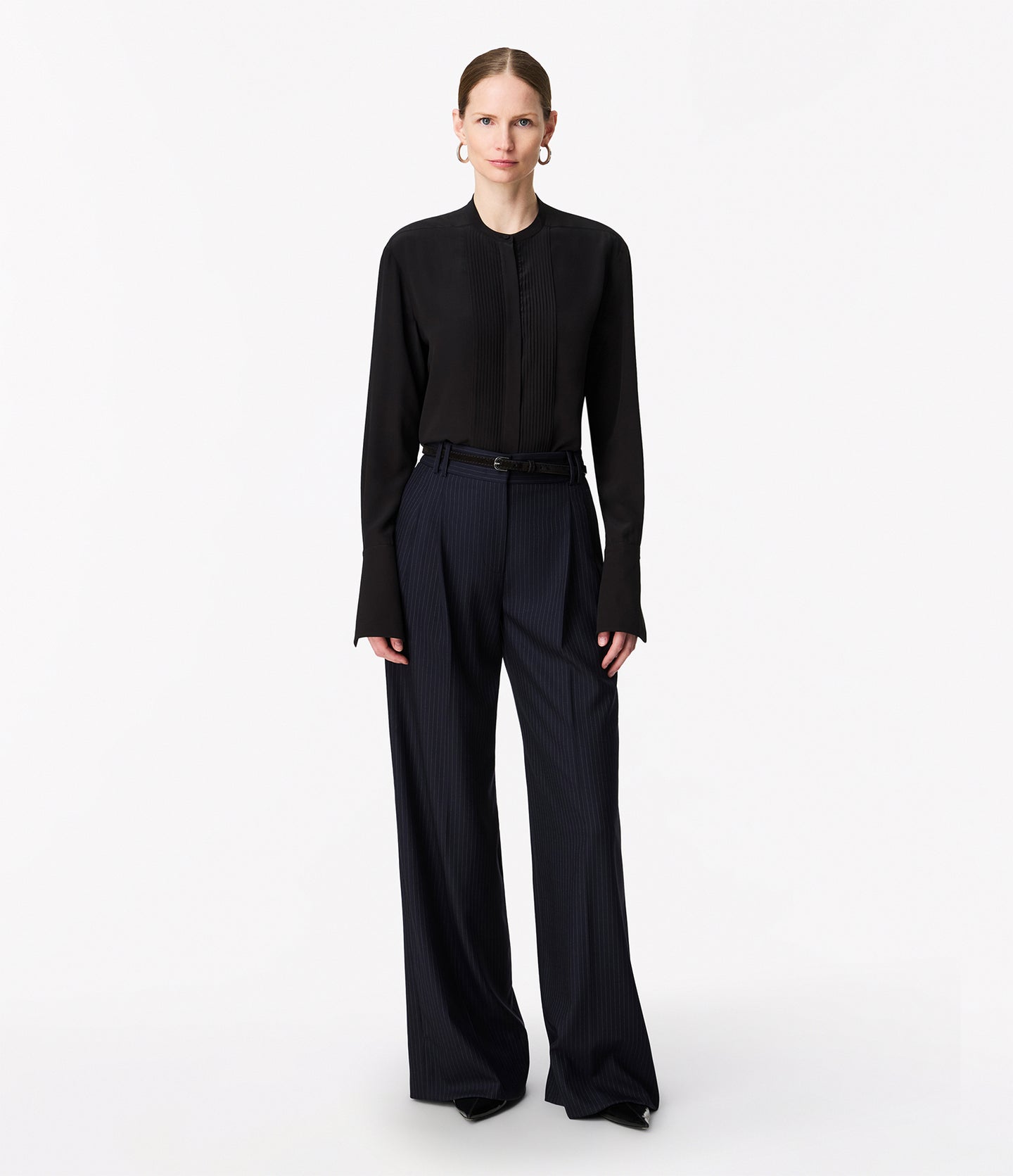 Another Tomorrow Tuxedo Shirt in Black – Silk Women's Top