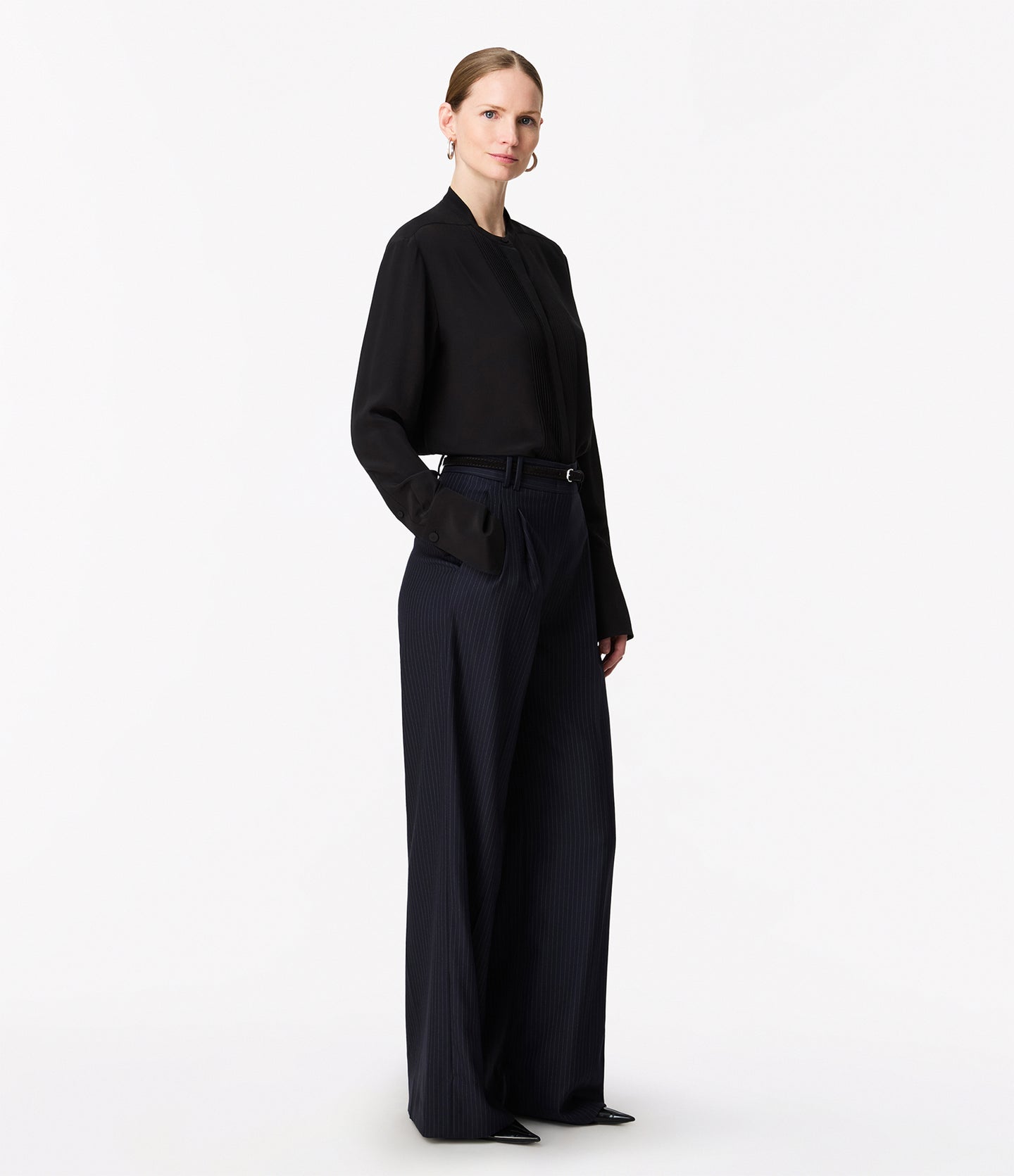 Another Tomorrow Tuxedo Shirt in Black – Silk Women's Top