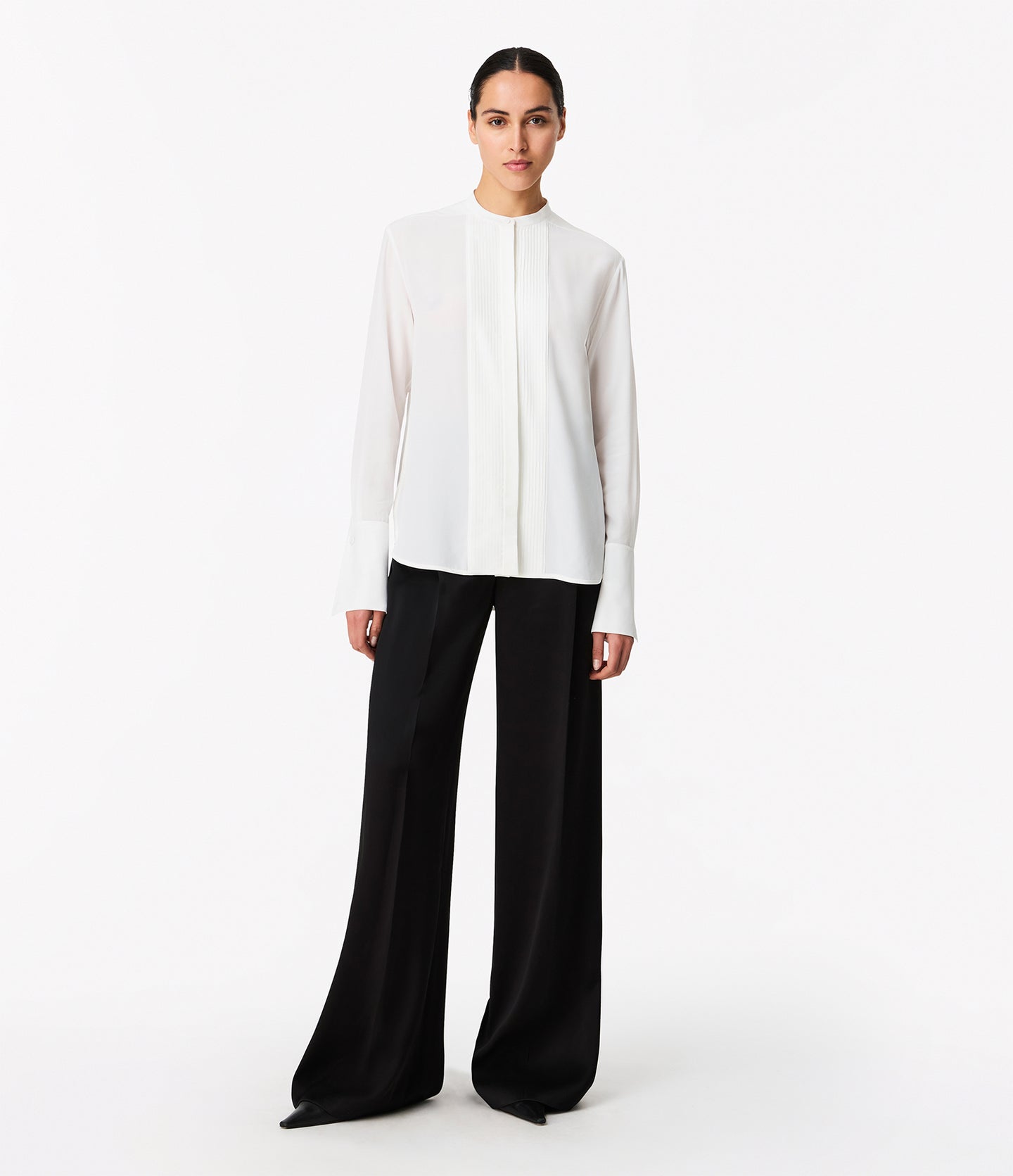 Another Tomorrow Tuxedo Shirt in Off White – Silk Women's Top