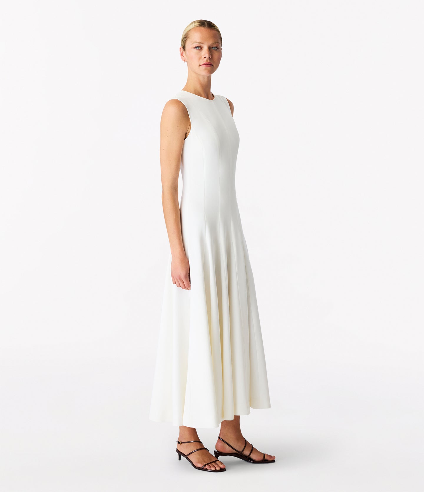 Another Tomorrow Panelled Flare Dress in White – Crêpe Women's Dress
