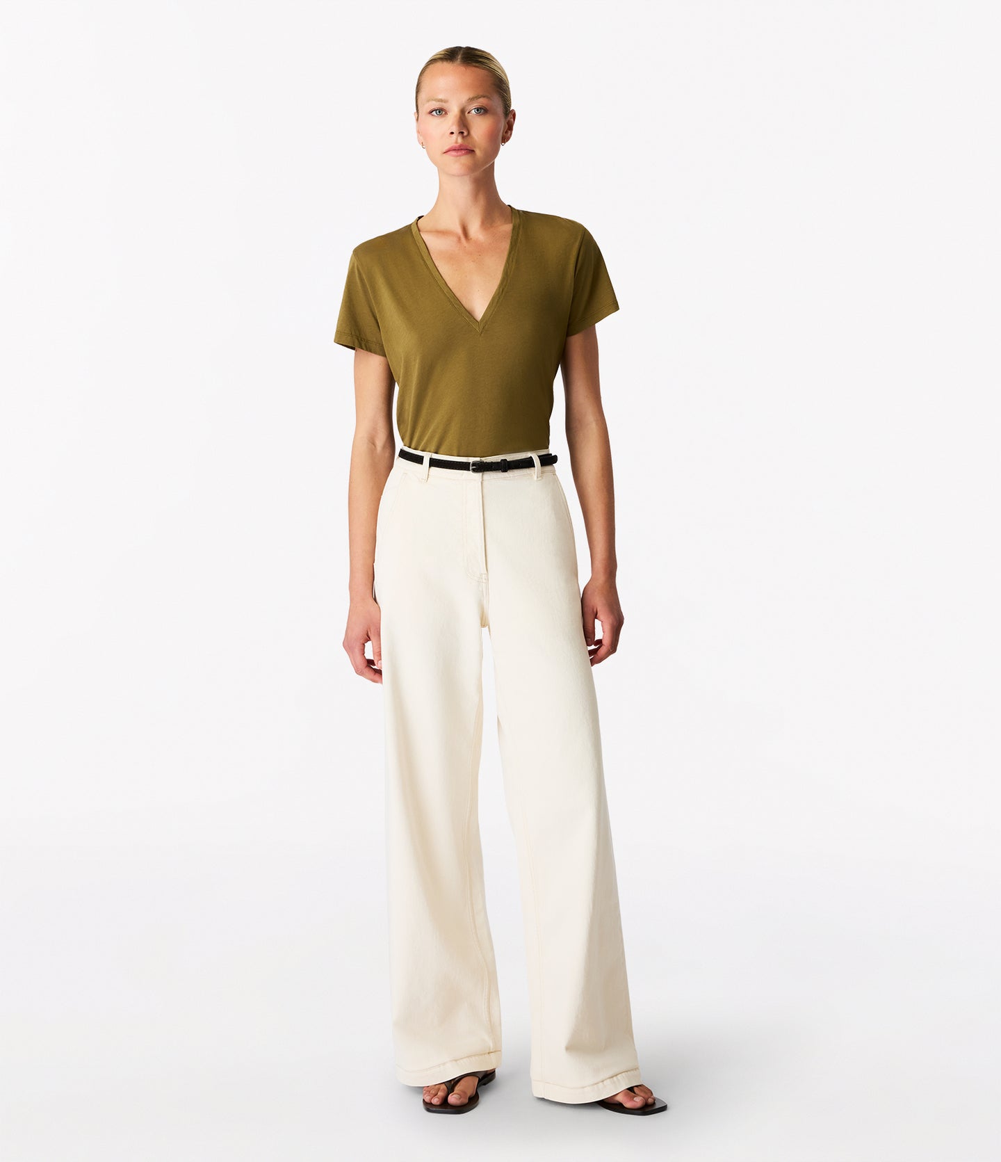 Another Tomorrow V-Neck Tee in Moss – Cotton Women's Top