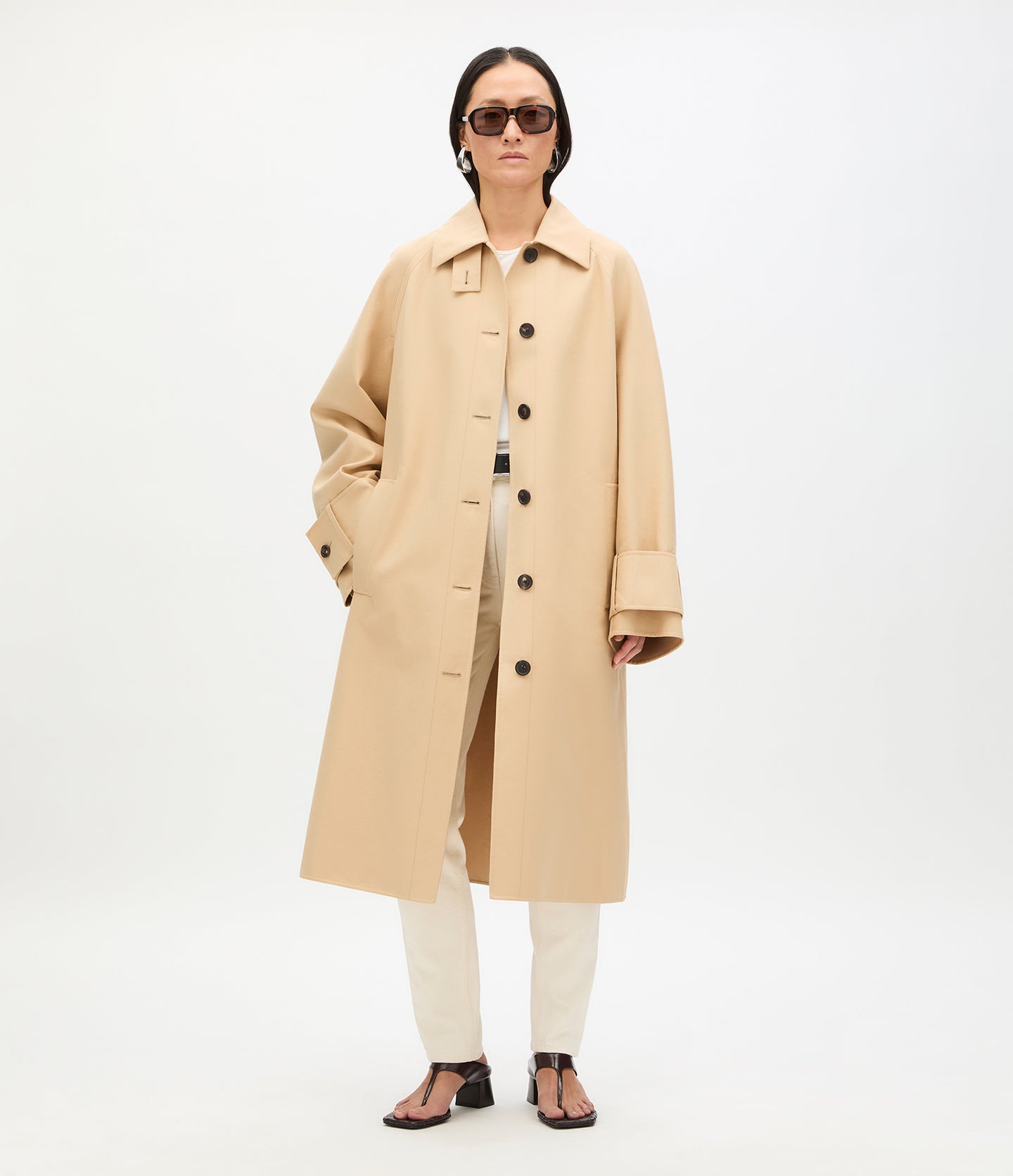 Another Tomorrow Double Face Balmacaan in Khaki – Cotton Women's Outerwear