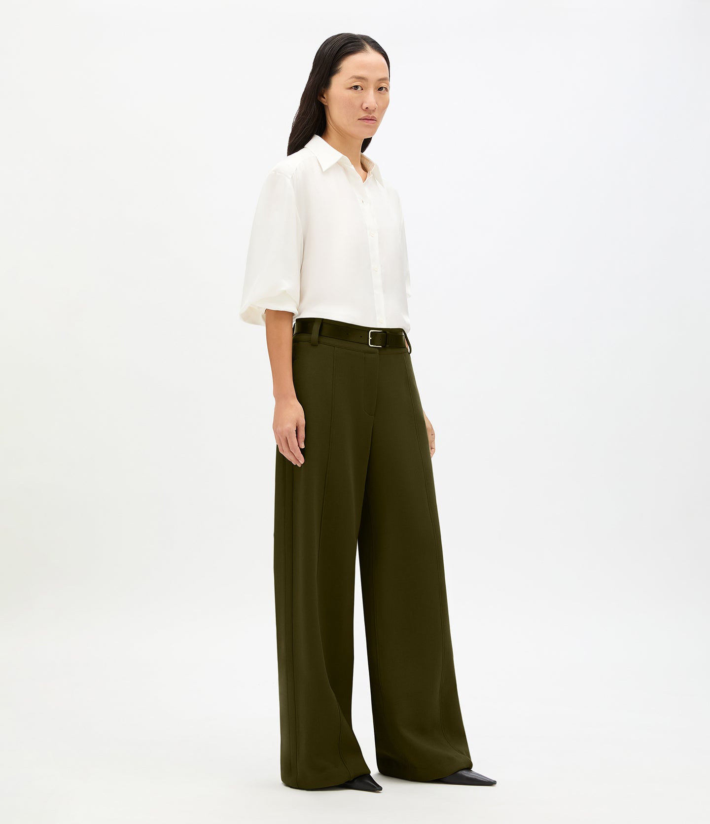 Another Tomorrow Double Face High Waist Pant in Moss – Wool Women's Trousers
